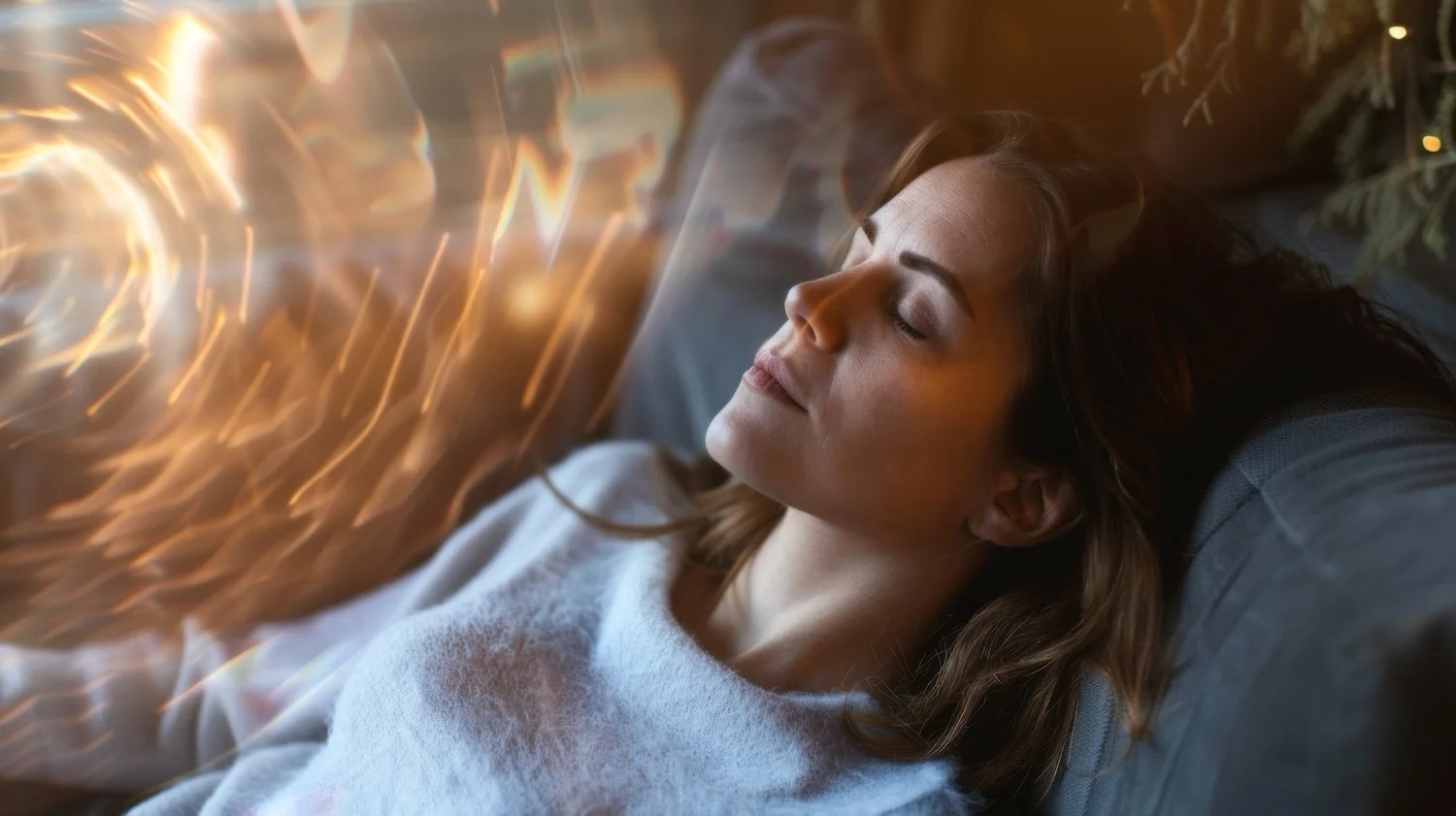 A woman with closed eyes lying on a couch, with reflections of Christmas lights.