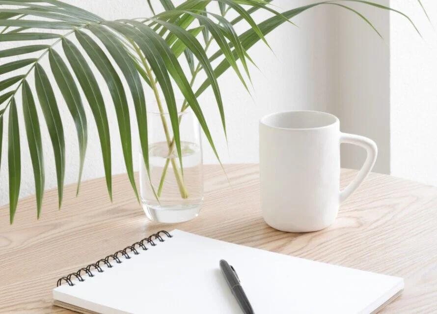 A minimalist desk setup with a glass of water, a white mug, a green palm plant in a glass vase, an open notebook, and a pen on a light wooden surface.