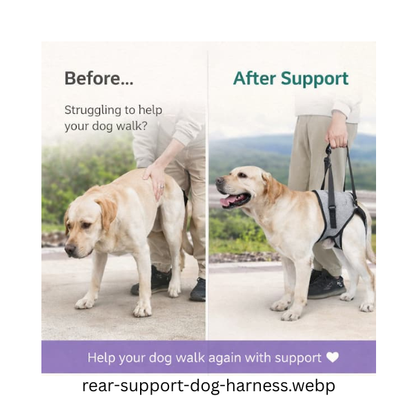 Dog using a walking aid with a person, set against a scenic background, featuring text about pet care products.