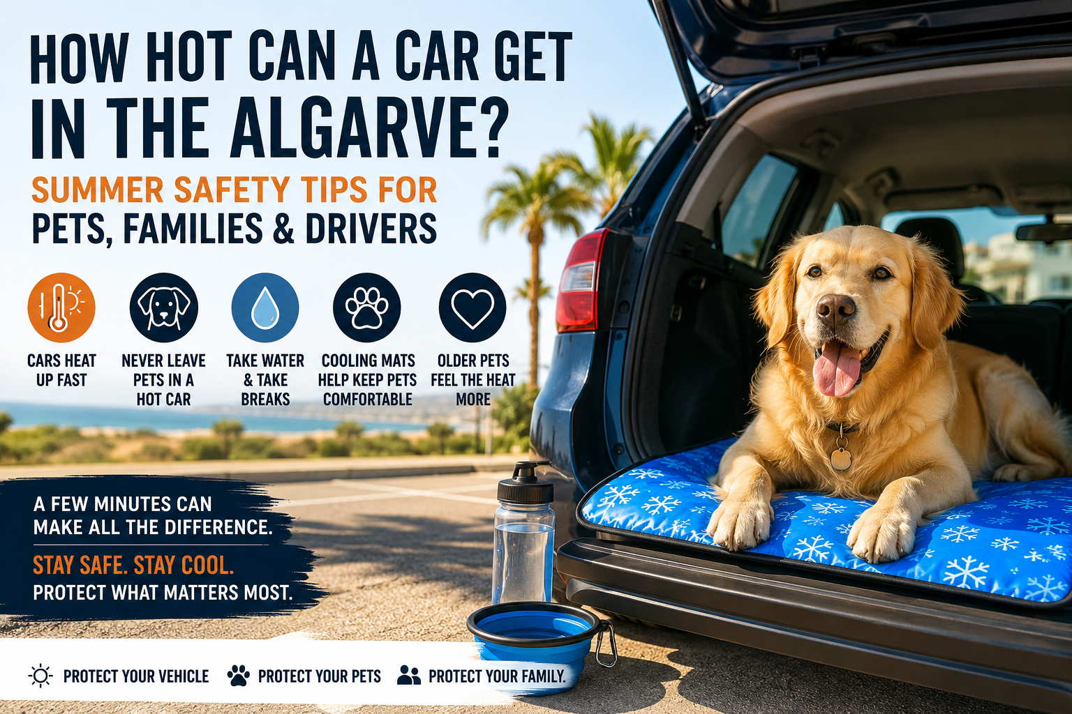 Golden Retriever resting on a cooling mat beside a car in the Algarve with summer safety tips for pets, families and drivers