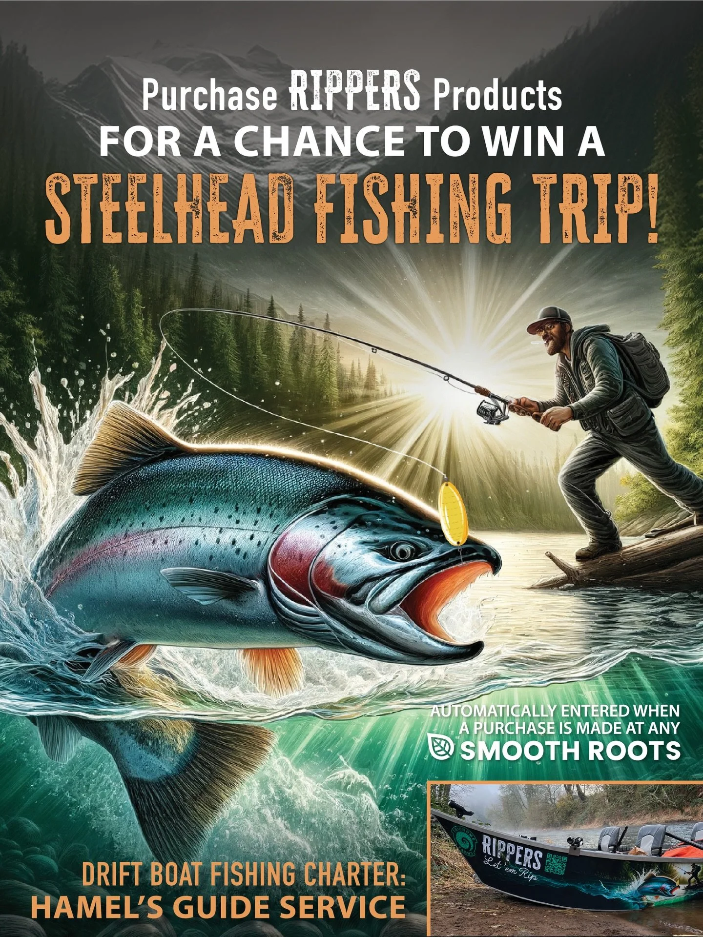 Hook a dream fishing trip. 🎣

All SMOOTH ROOTS locations are dropping an exclusive offer: Grab any Rippers product (pre-rolls, AIO pens, 510 carts) and you&rsquo;re instantly entered to win a steelhead fishing trip with Hamel&rsquo;s Guide Service @