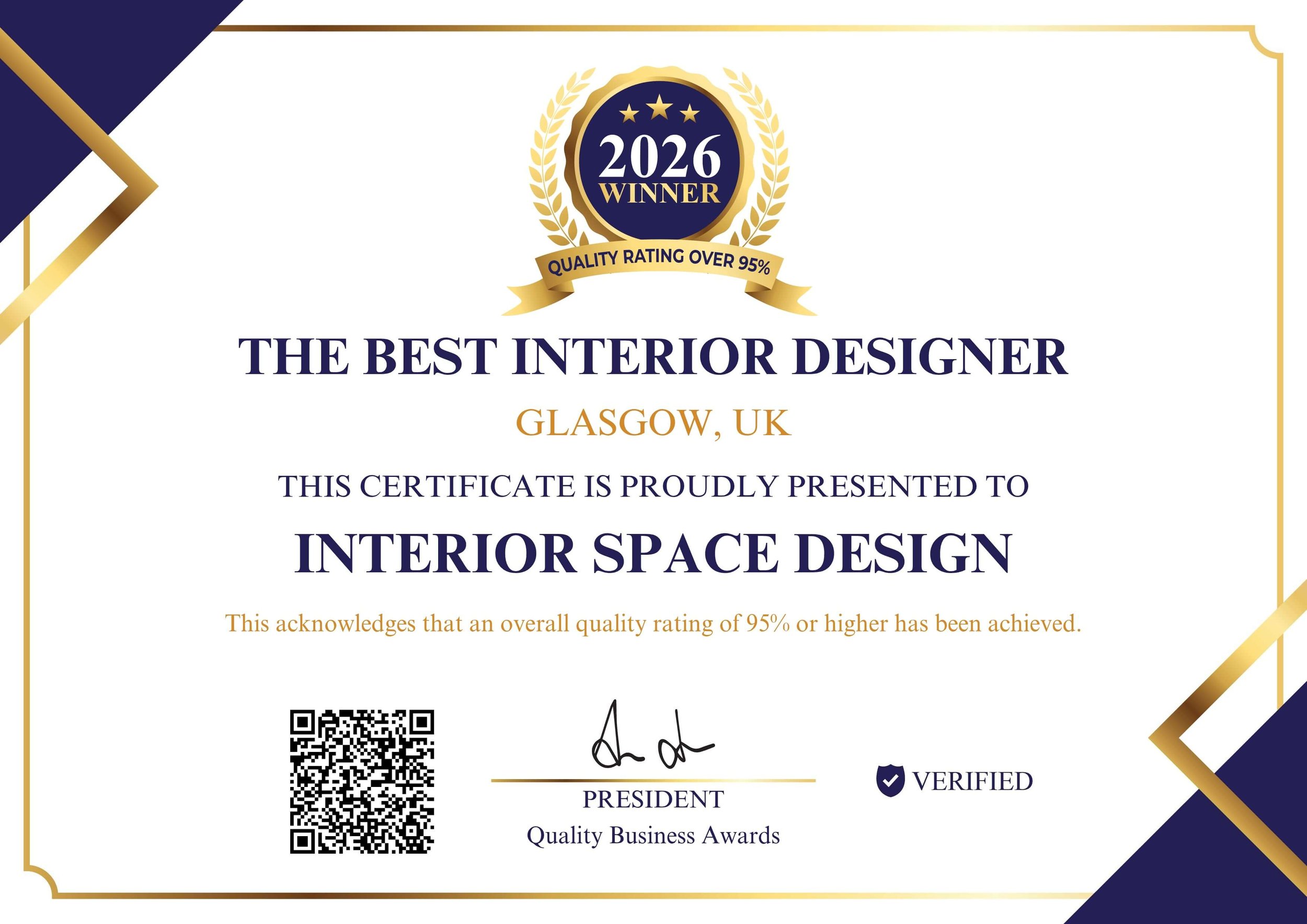Official Quality Business Awards 2026 certificate presented to Interior Space Design