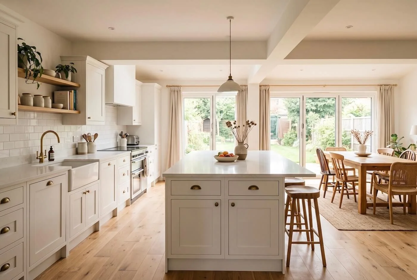 Bright open-plan kitchen and dining room created by removing a wall in a 1970s Glasgow family home