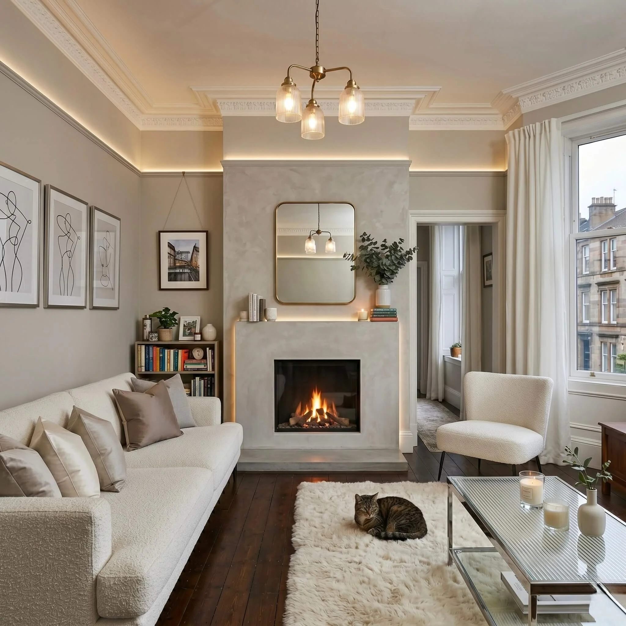 Beautifully styled Glasgow living room with lit fireplace, boucle sofa and warm neutral tones by Interior Space Design