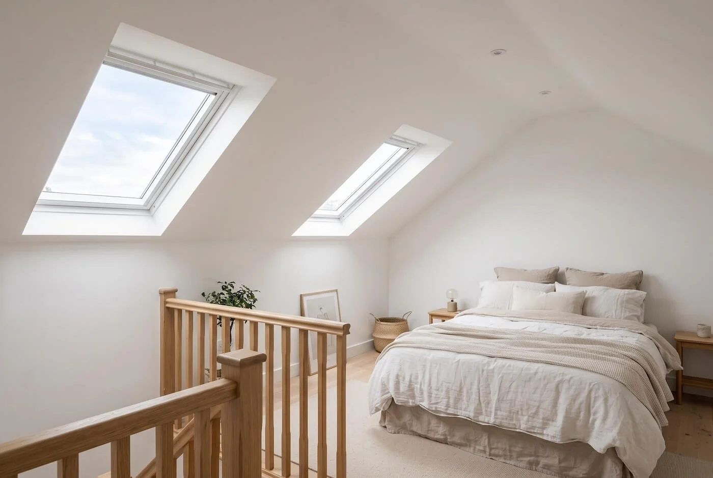 Finished loft conversion bedroom with Velux window in a Glasgow semi-detached house