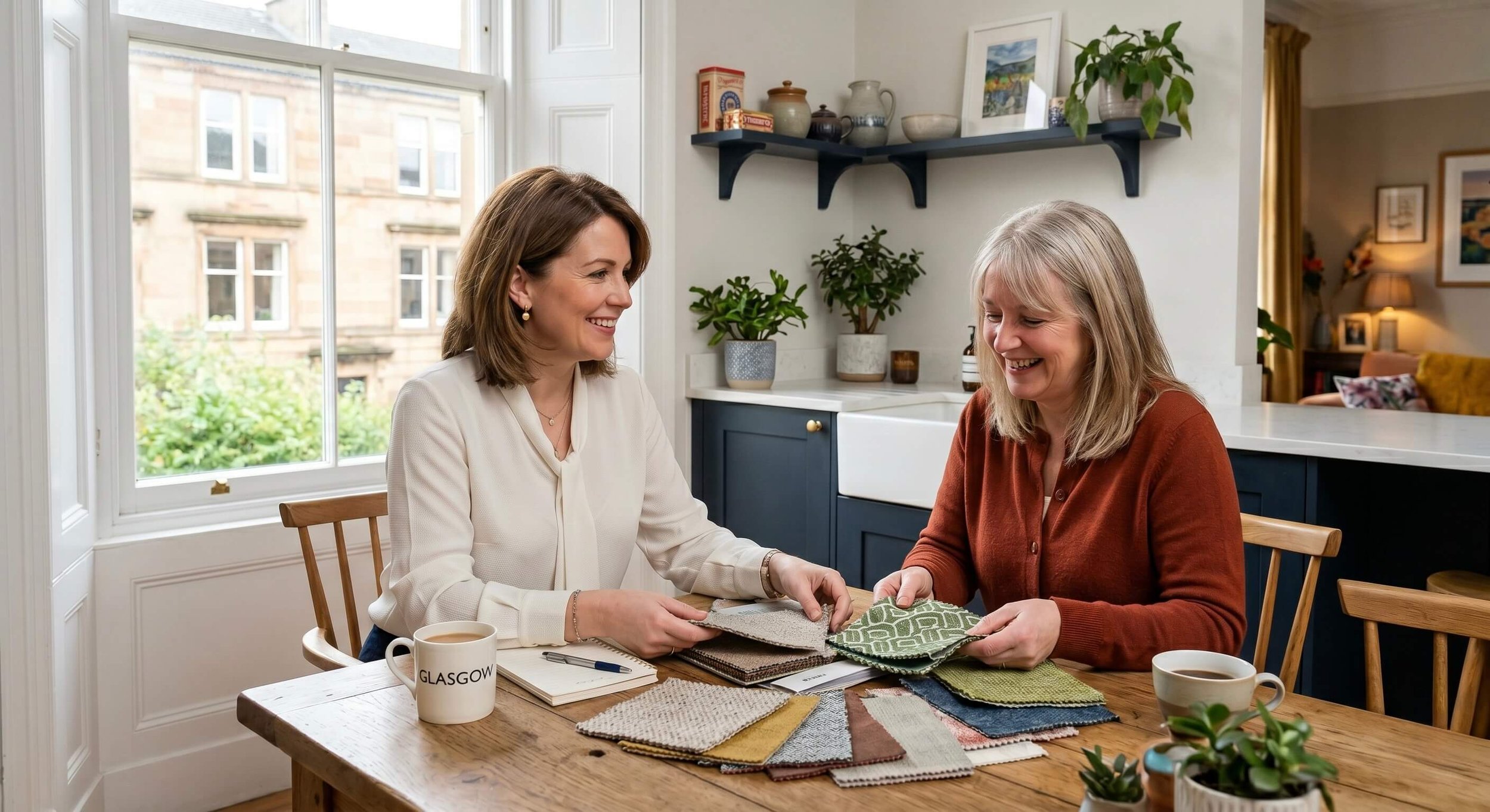 Interior designer consulting with a Glasgow homeowner at a kitchen table, reviewing fabric samples during an on-site visit by Interior Space Design