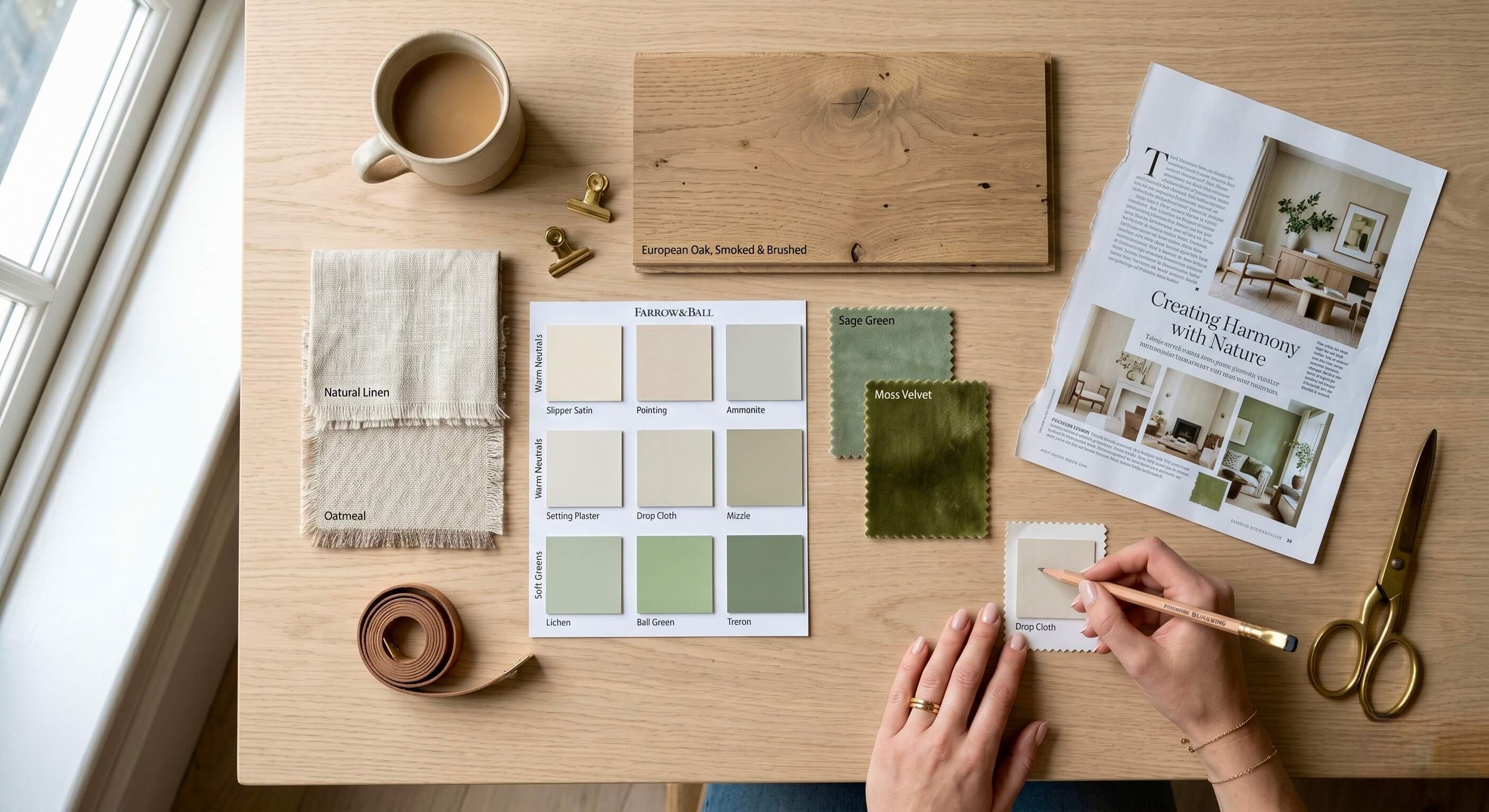 Interior design colour scheme flat lay showing fabric samples, paint swatches and flooring materials selected by Interior Space Design Glasgow