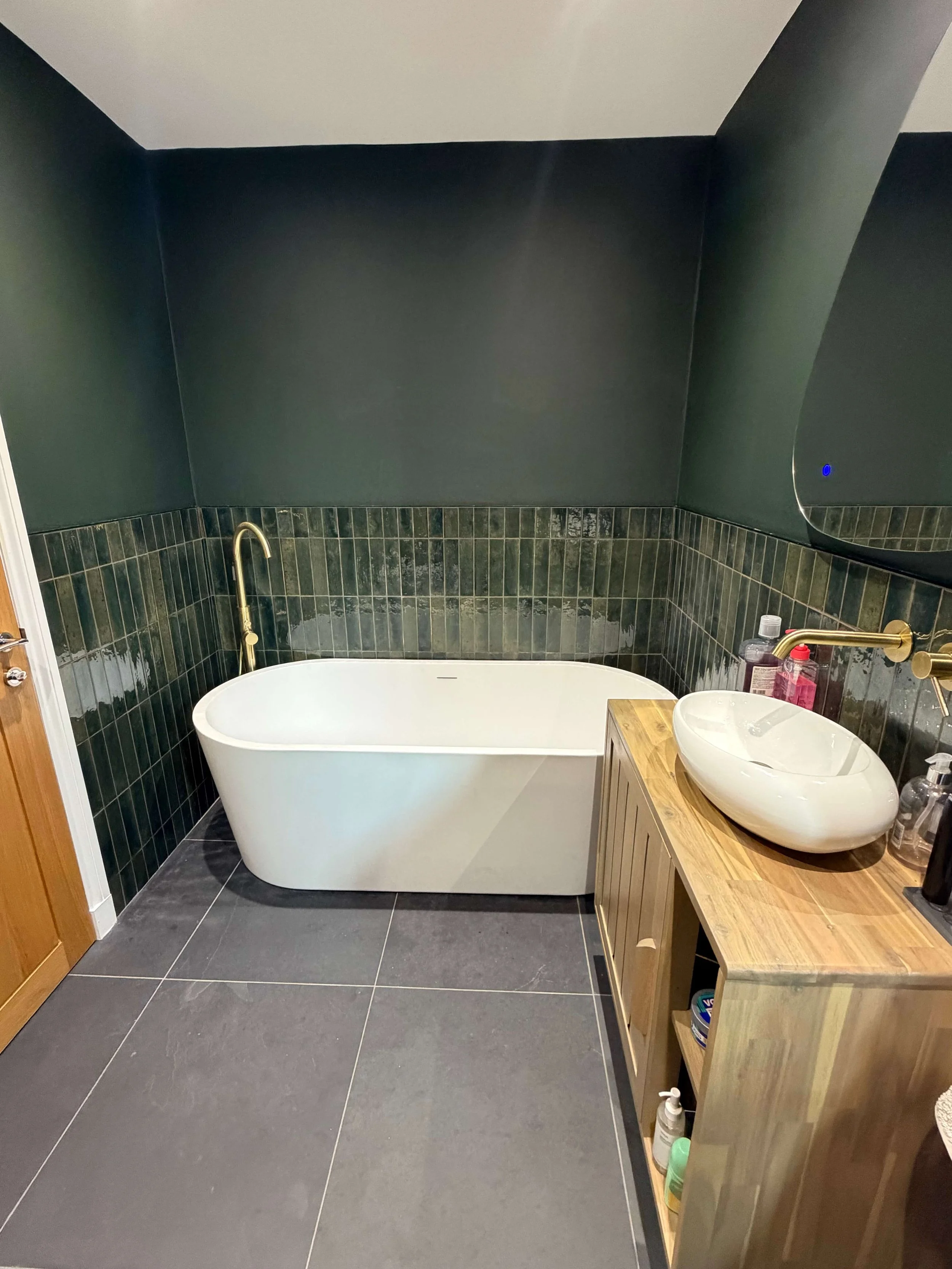 Renovated spa-style bathroom with freestanding bath and separate shower, Lenzie villa