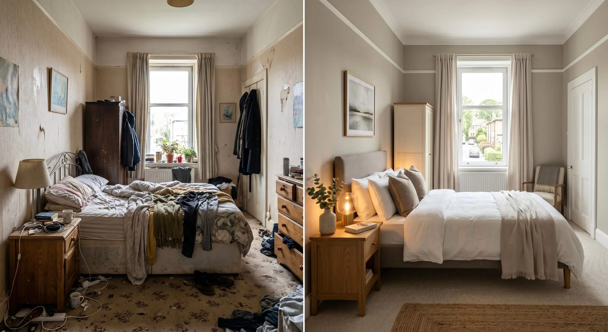 Before and after bedroom transformation by Interior Space Design, showing a tired cluttered room converted into a calm, styled Glasgow home bedroom
