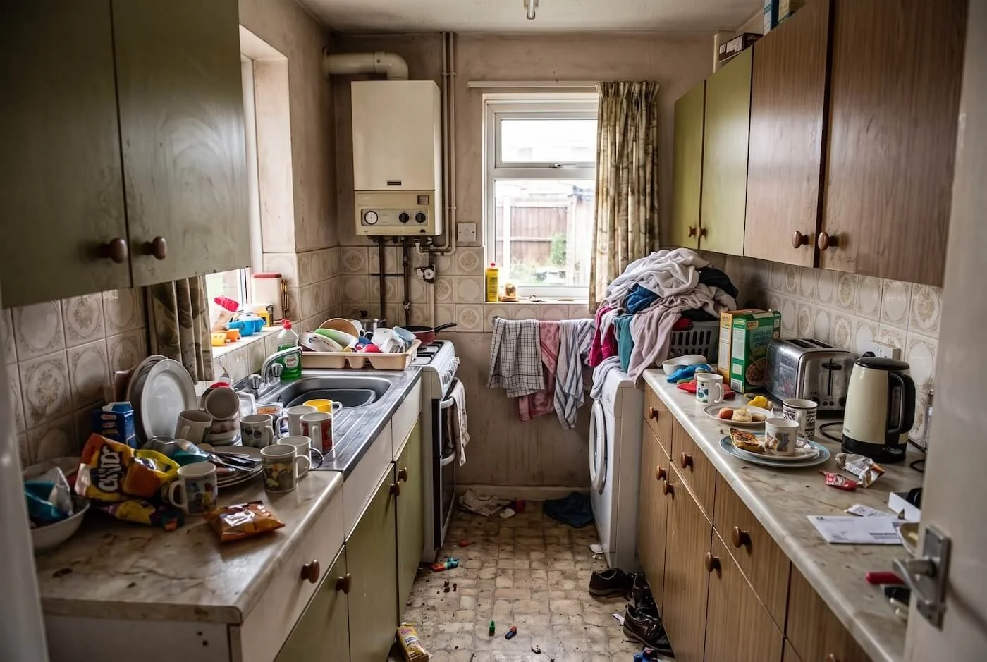 Small cramped family kitchen in a Glasgow 1970s semi-detached house with cluttered worktops, dirty dishes, toys and laundry