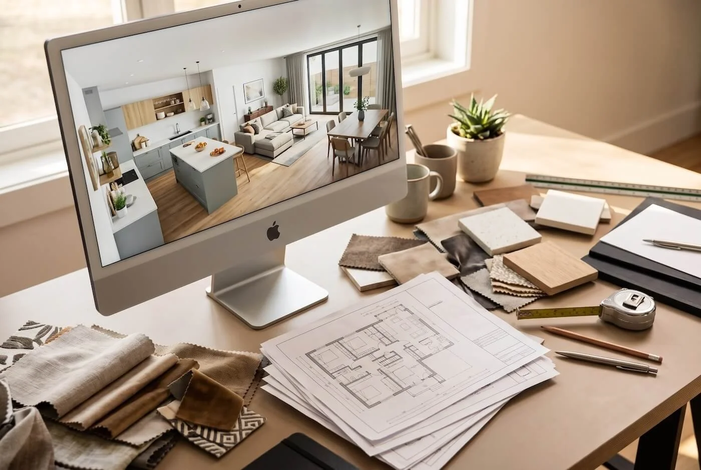 Interior designer’s desk with a 3D CAD room layout, floor plans and fabric samples