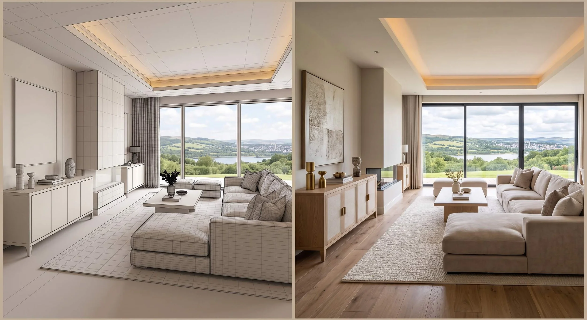 Side by side comparison of a 3D CAD design and the finished room by Interior Space Design