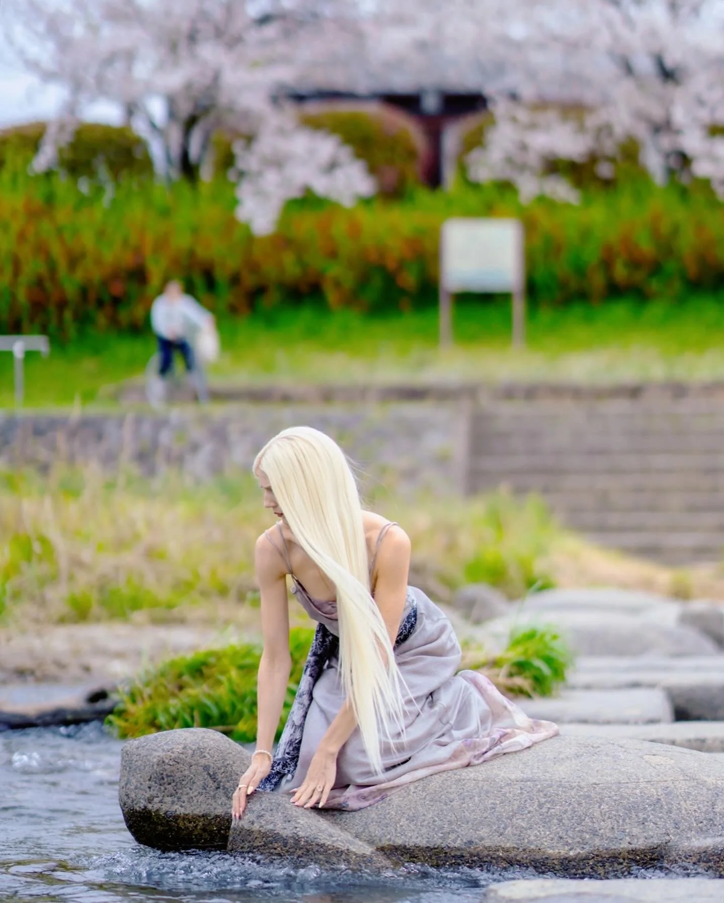 Fashion, Kezi Ban, Samantha Angelilli, Japan, Kyoto, Cherry Blossom, Samantha Angelilli, silk coat, long hair, blonde hair, hair, Spring, 2024, Angelilli