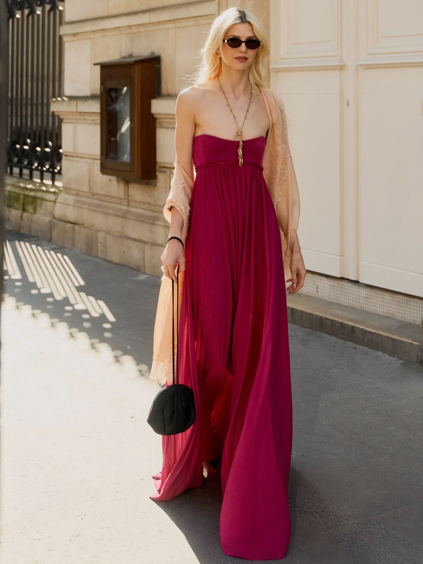 Arriving in the Haut-Marais on an unforgettably beautiful spring morning with @zimmermann for the Fall 26 RTW show.

A framboise gown framing the d&eacute;collet&eacute;, a satin lace shawl for a dash of romance, and a perfectly perched koala.

Paris