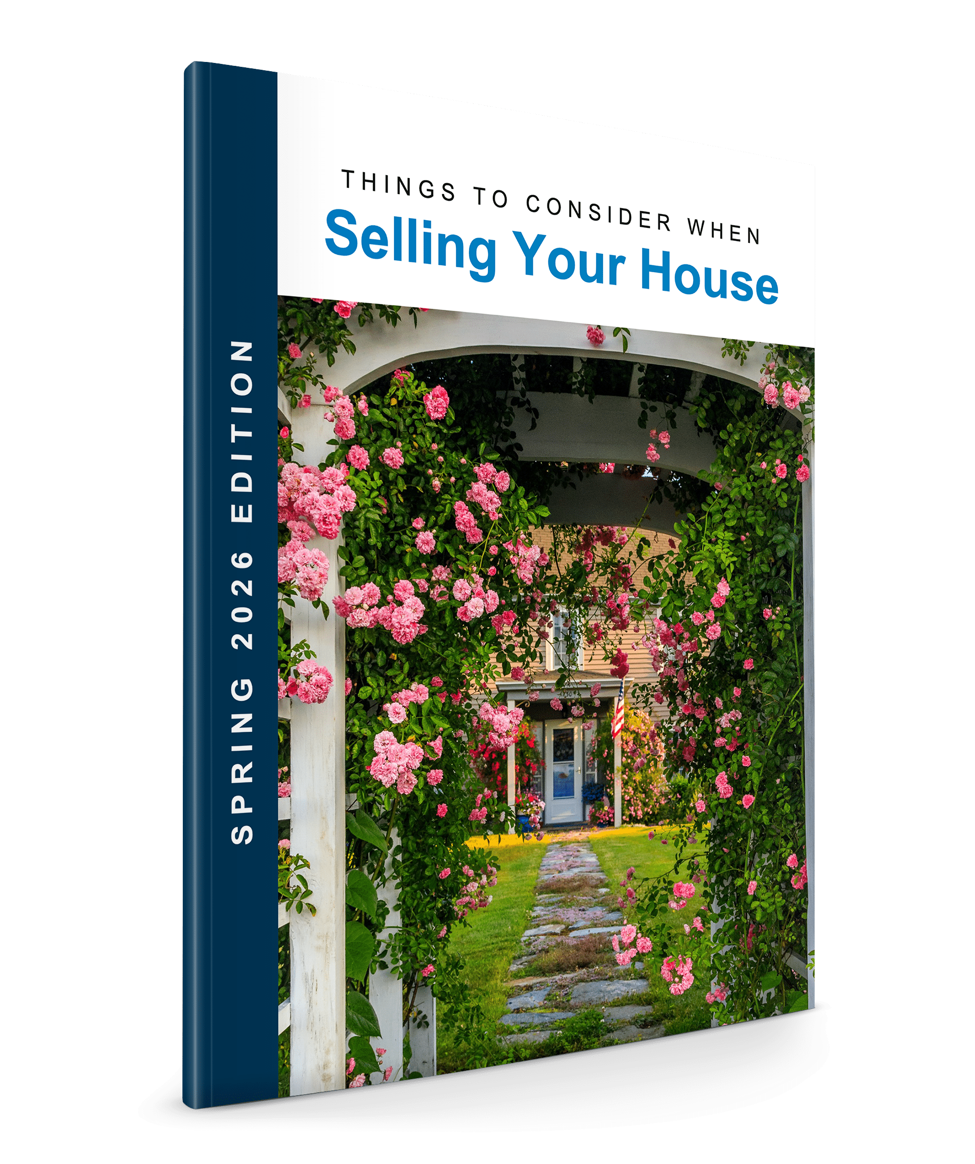 Book cover titled 'Things to Consider When Selling Your House,' with a photo of a house entrance decorated for Christmas featuring a door wreath, brick walls, and a lit interior.