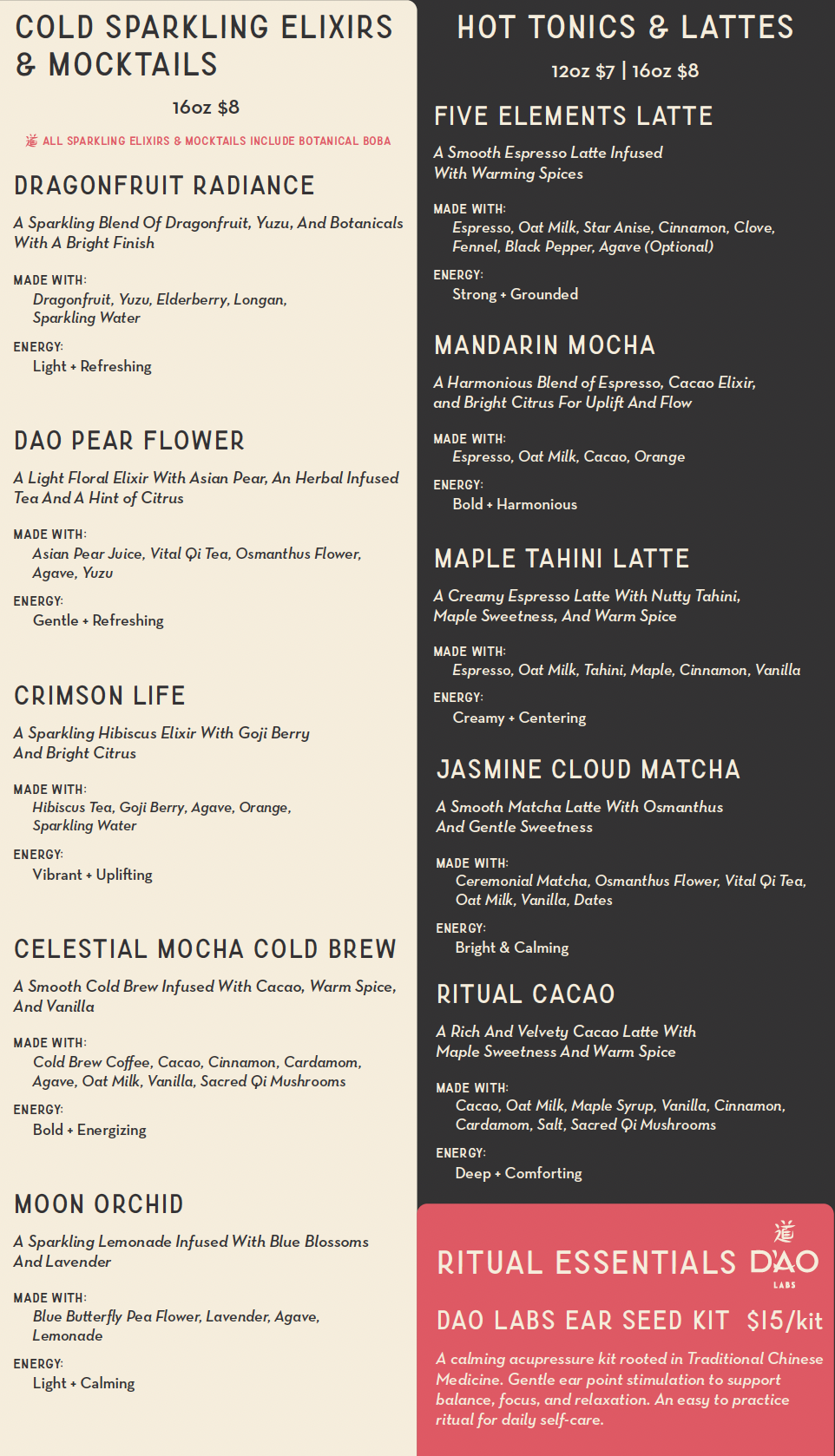 DAO Botanical Elixir Bar Menu Board