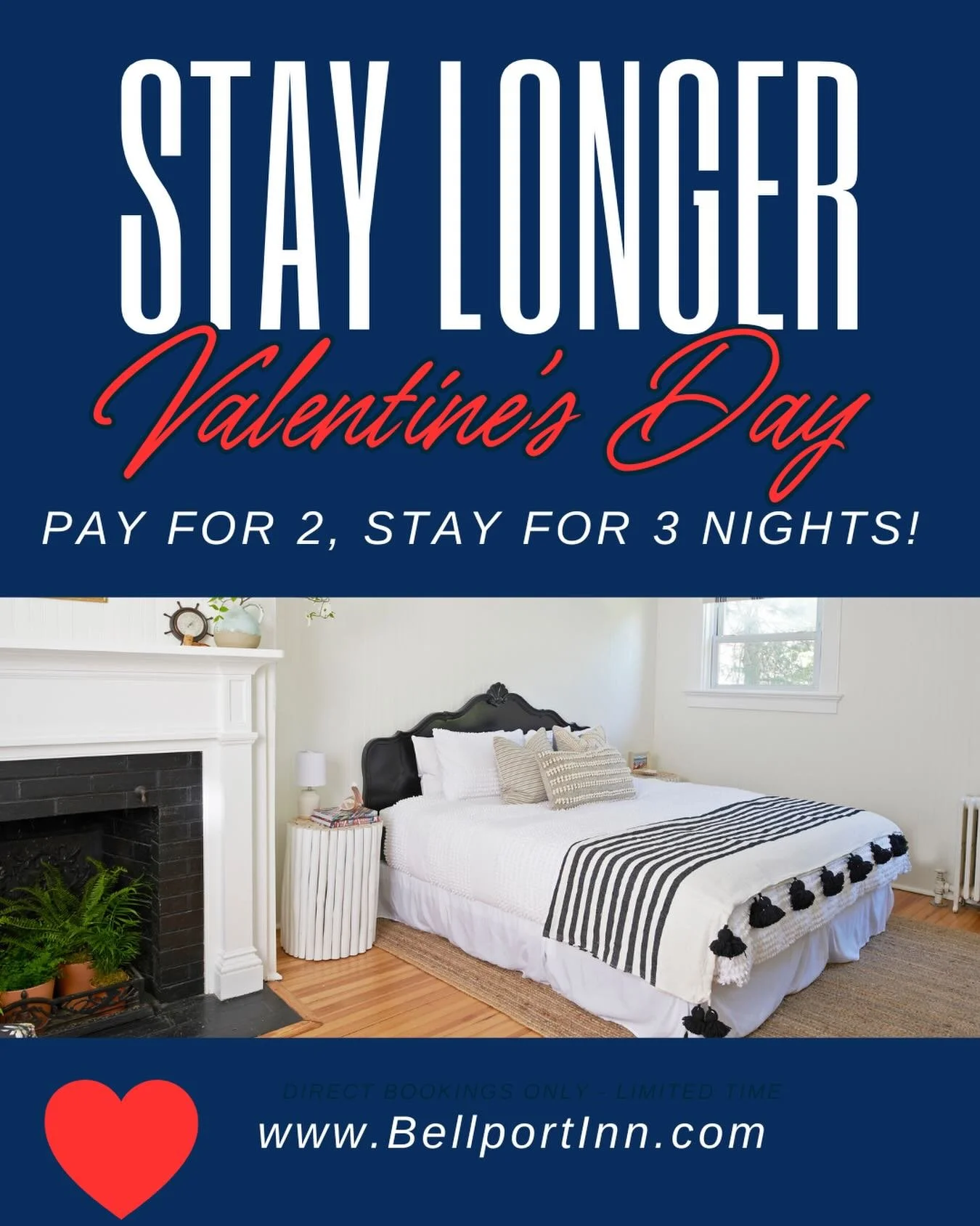 Celebrate ❤️ Valentine&rsquo;s Day, Galentine&rsquo;s Day or just a well-deserved winter escape this L O N G weekend at Bellport Inn! ✨ Book two nights and enjoy the third night on us! ✨ Snuggle up in our comfy robes, sleep in and tell the group chat