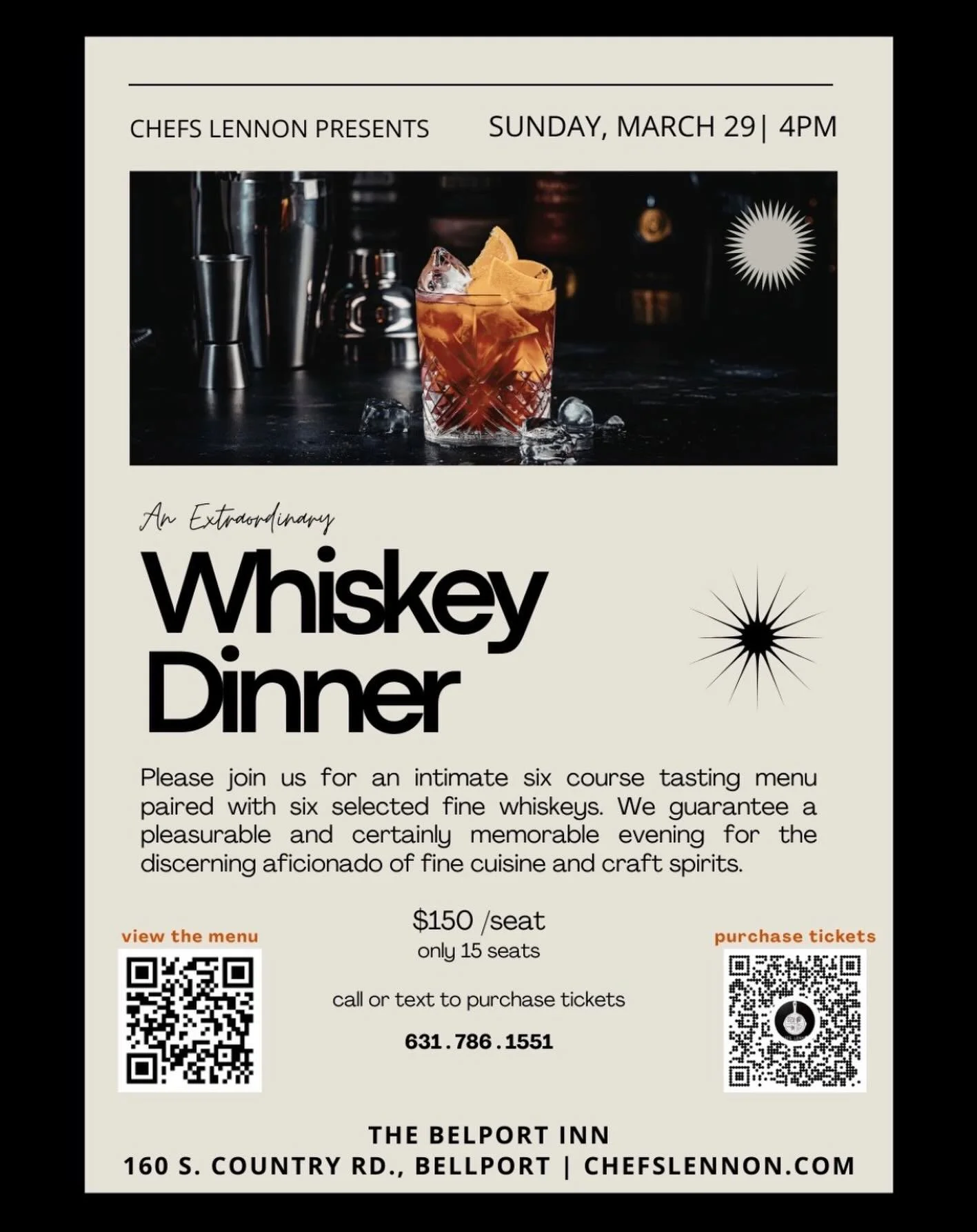 Announcing an Extraordinary Whiskey 🥃 Dinner with Chefs Lennon at Bellport Inn! 🌟 
This intimate six course tasting menu is paired with six selected fine whiskeys. 

🦪 * Local Oyster * spring pea, pink peppercorn, pear mignonette

🌊 * Diver Scall