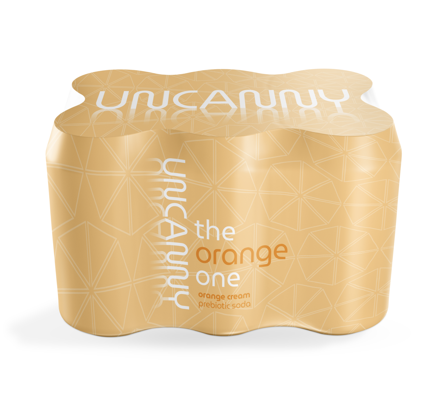 Pack of Uncanny orange cream prebiotic soda with geometric design.