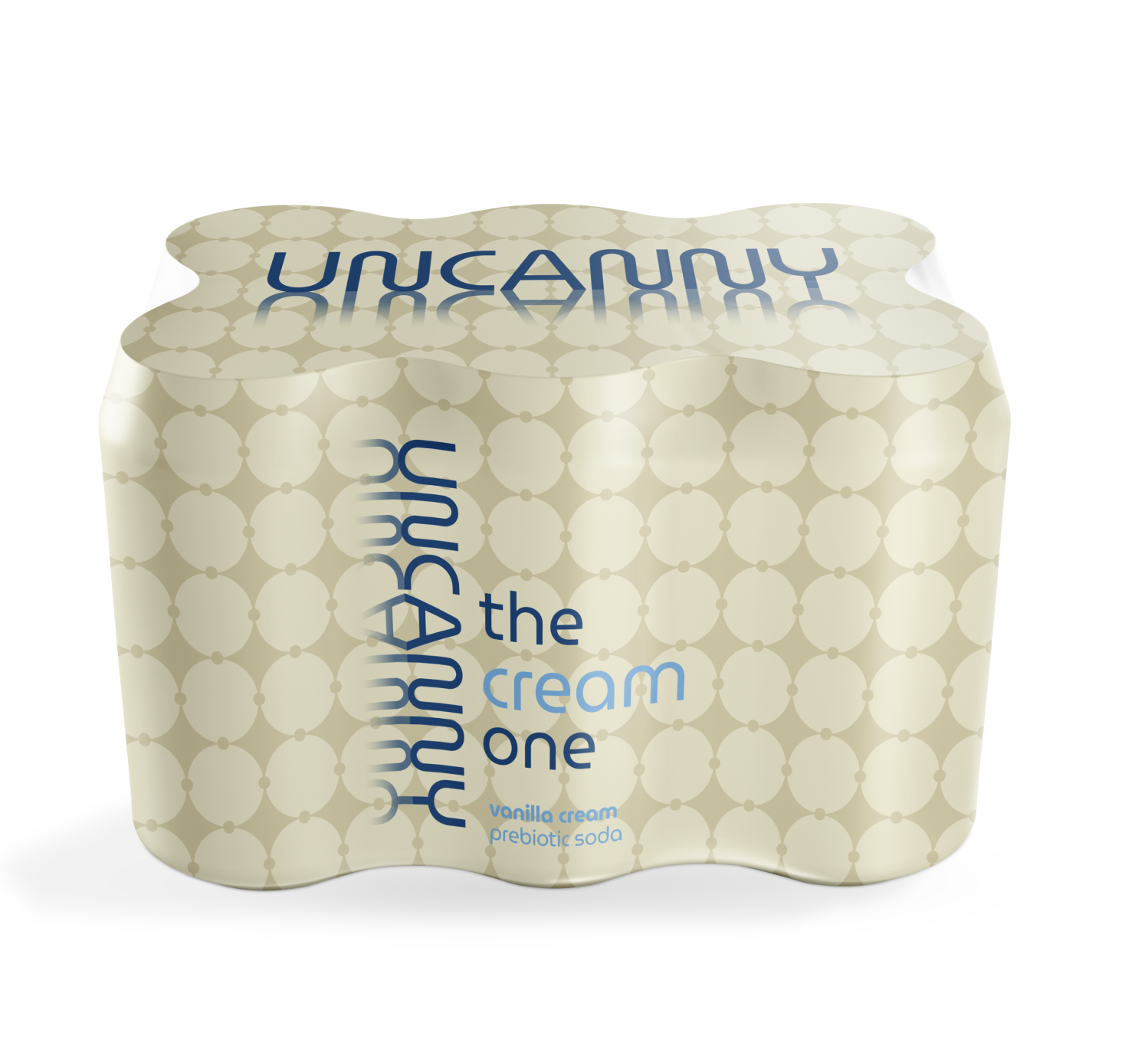 Pack of cans labeled "Uncanny The Cream One" vanilla cream prebiotic soda