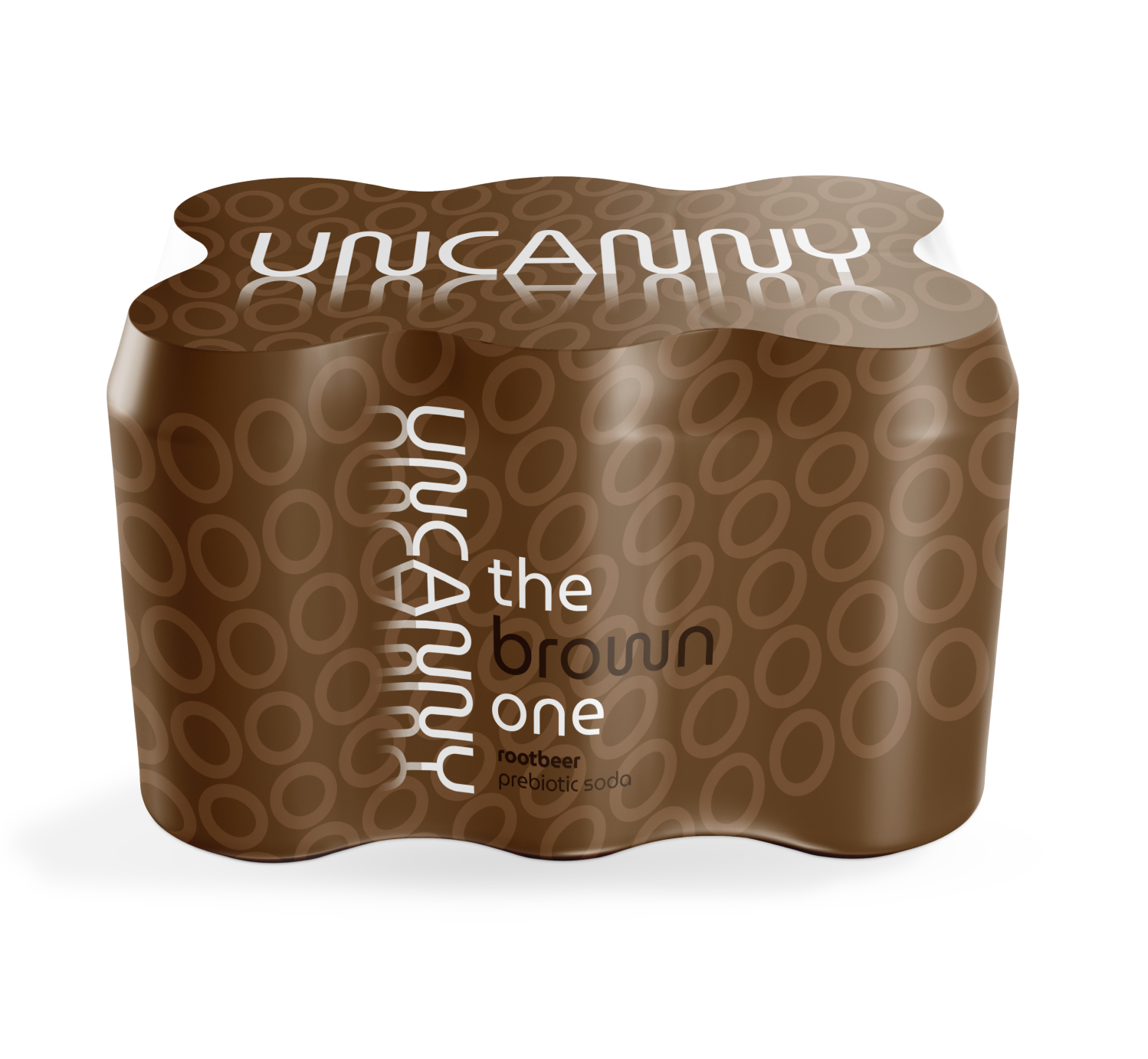 Brown packaging with text "UNCANNY the brown one rootbeer prebiotic soda."