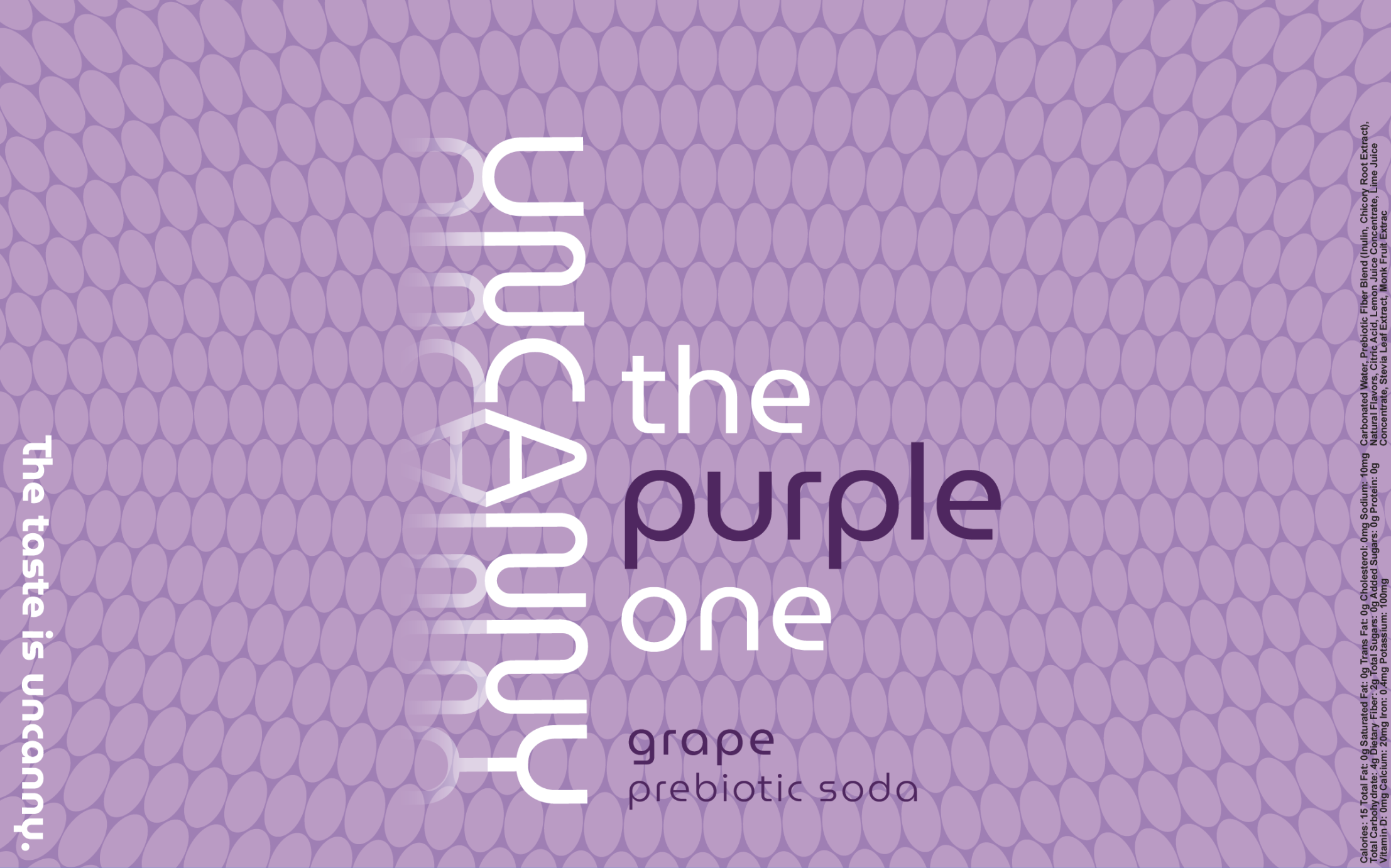 Label design for Uncanny prebiotic grape soda with purple text and geometric background pattern.