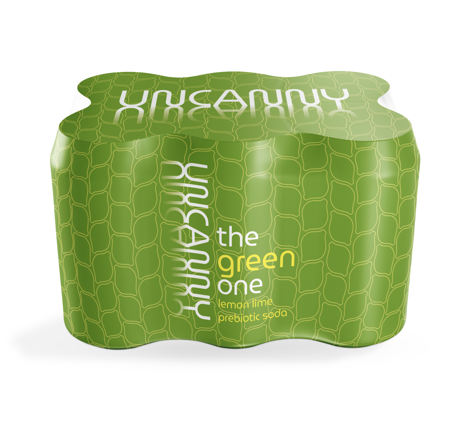 Pack of Uncanny lemon lime prebiotic soda cans, green packaging