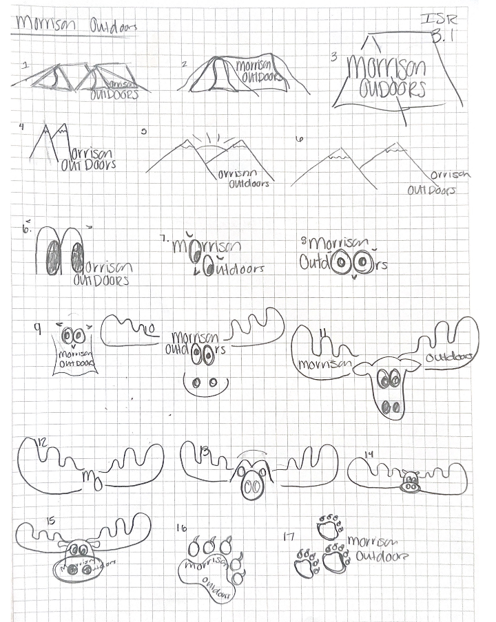 Grid paper with various hand-drawn logo designs for "Morrison Outdoors," featuring stylized mountains, animal footprints, and cartoon faces.