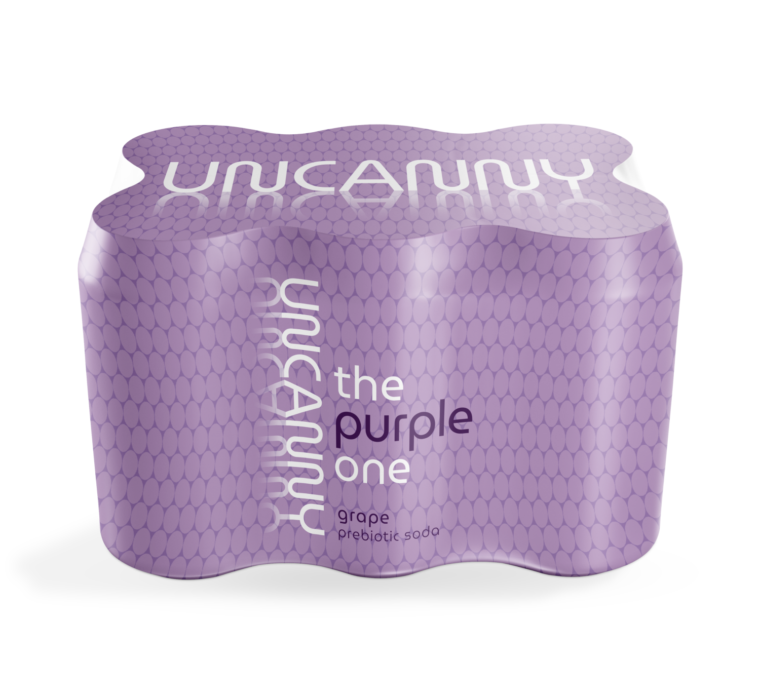 Purple prebiotic soda pack labeled "Uncanny the purple one grape prebiotic soda." Smooth wavy textured design.