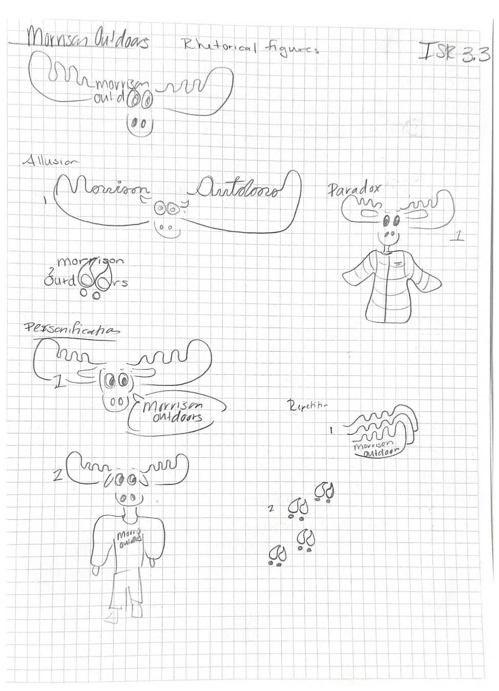 Hand-drawn moose images representing rhetorical figures on grid paper, labeled with phrases like 'Allusion,' 'Personification,' and 'Paradox.' The text 'Morrison Outdoors' is integrated into the drawings.
