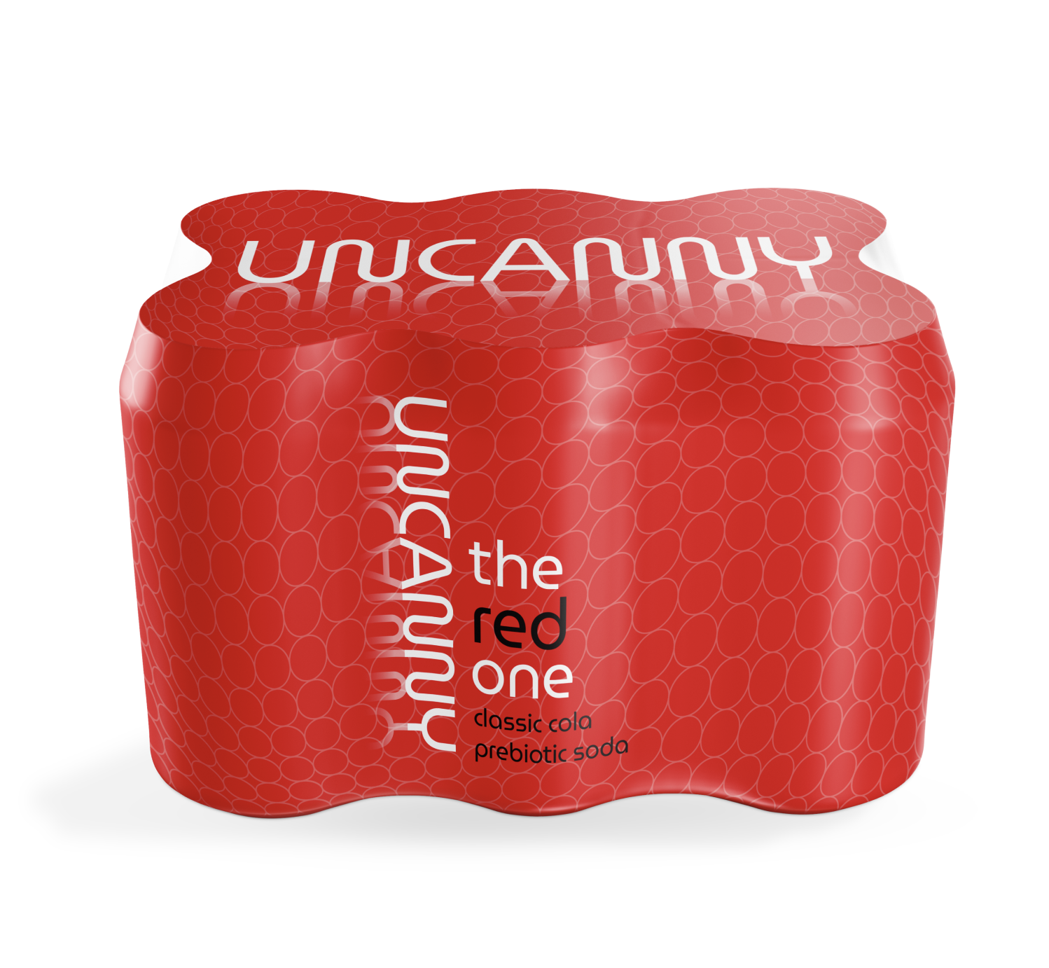 A six-pack of "Uncanny the Red One" classic cola prebiotic soda with red packaging.