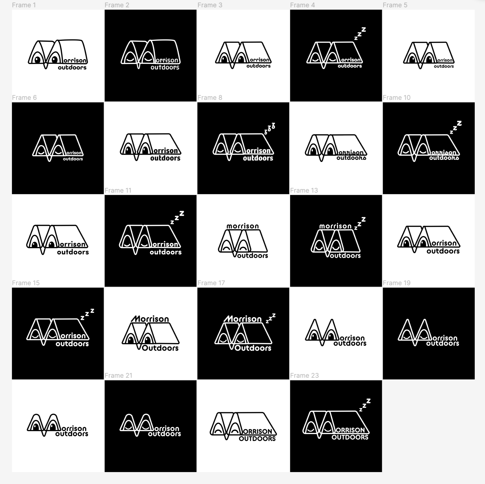 Grid with repeated "Morrison Outdoors" logo in black and white, featuring a tent icon and occasionally "Z's" above the tent design.