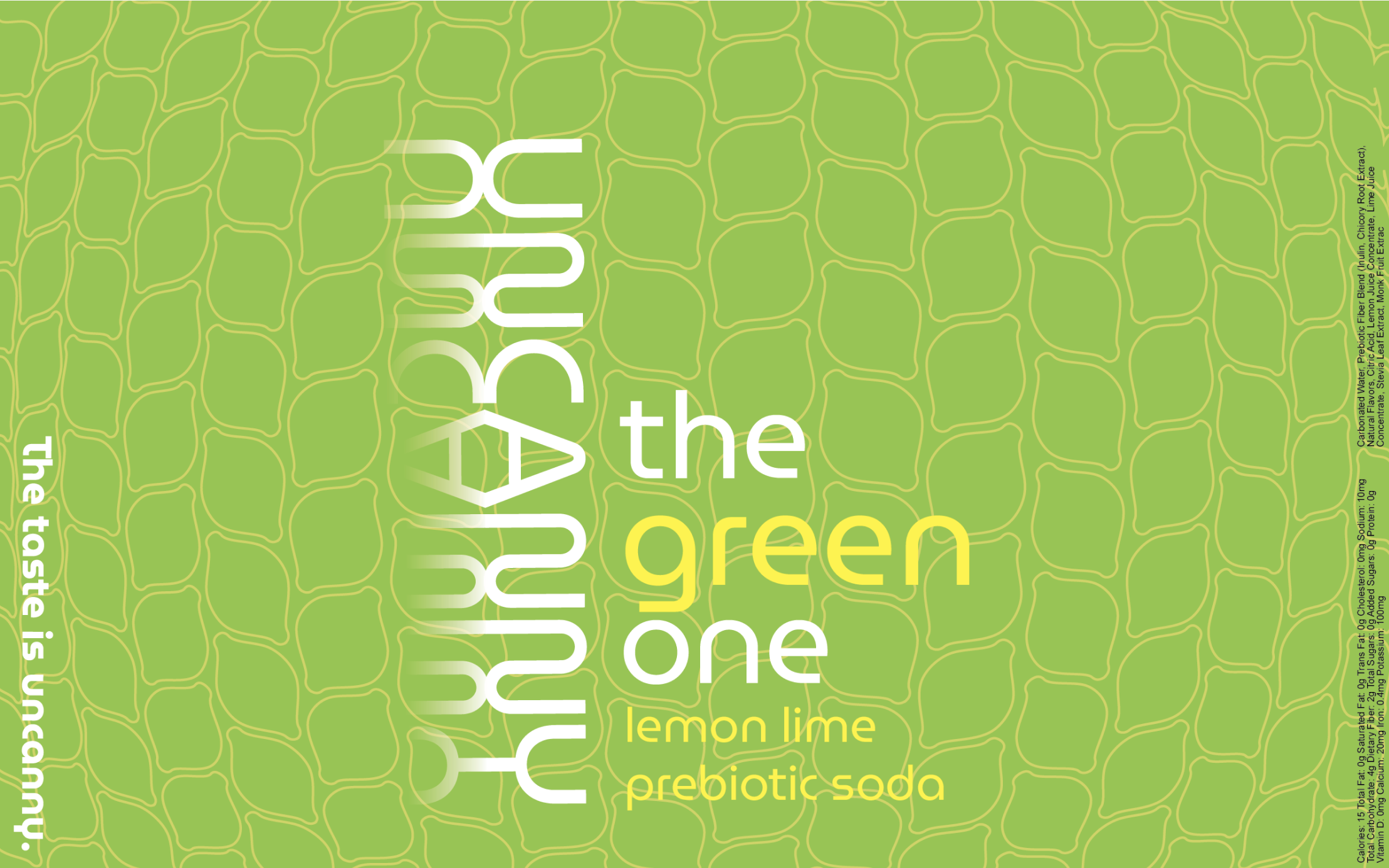 Uncanny prebiotic soda label with green background, featuring the text 'the green one' and 'lemon lime prebiotic soda', along with 'The taste is uncanny.'