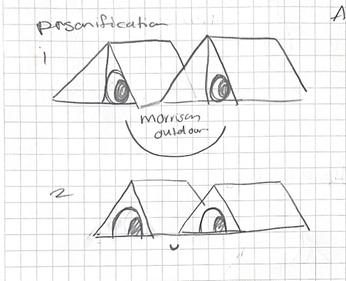 Sketch of two triangular tents with faces on graph paper labeled "personification," and "Morrison Outdoor" written underneath.