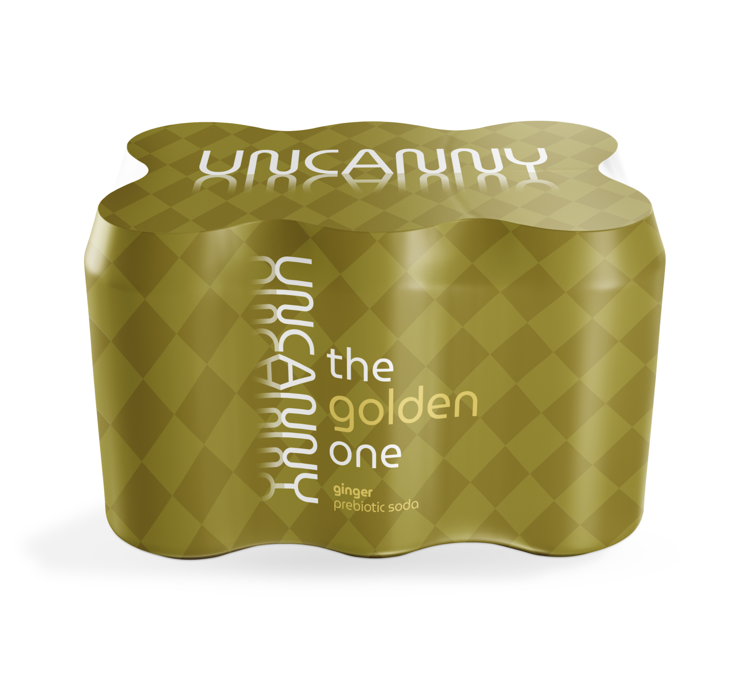 Pack of "Uncanny" ginger prebiotic soda labeled "The Golden One" with a golden checkered design.