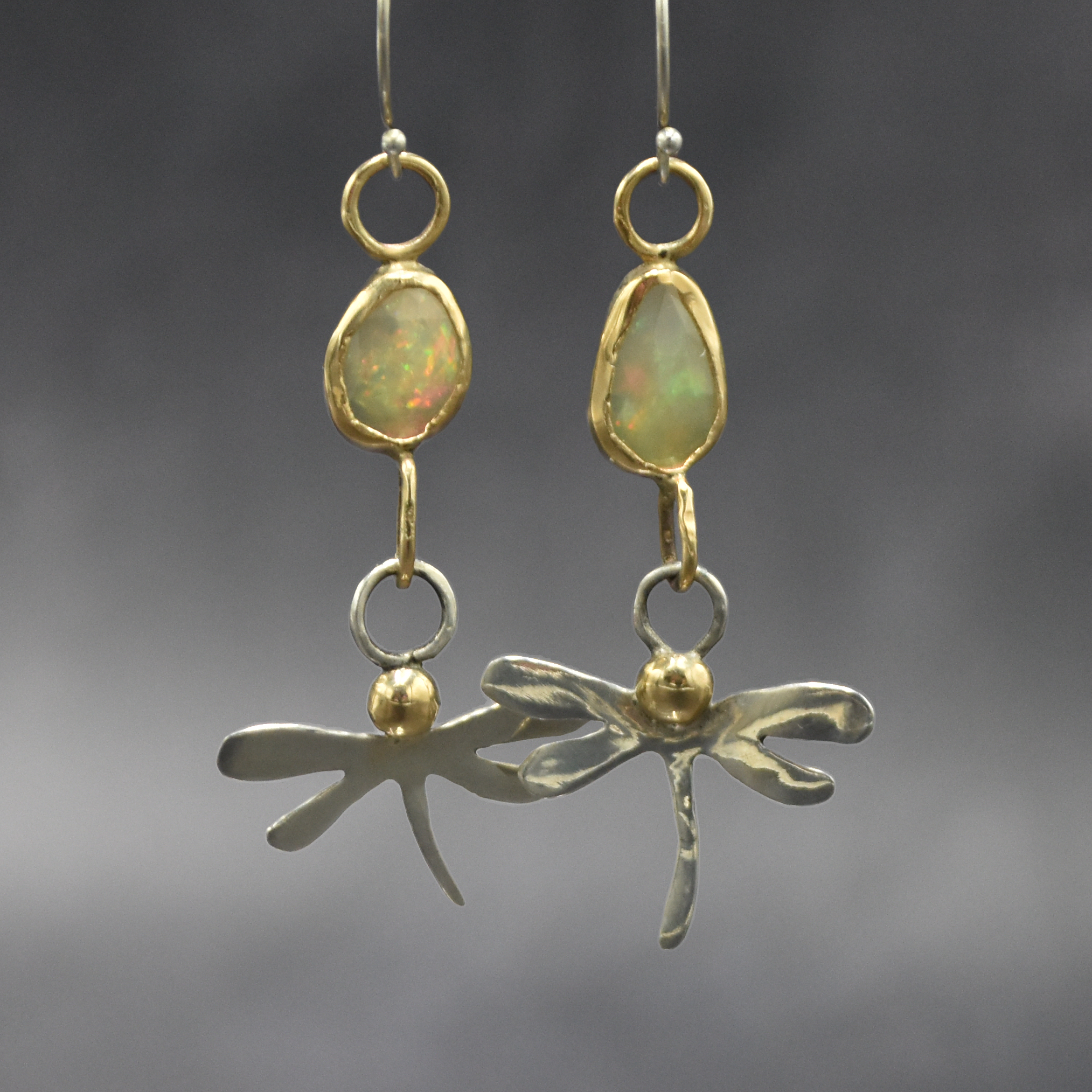 Opal and Dragonflies Dangle Earrings