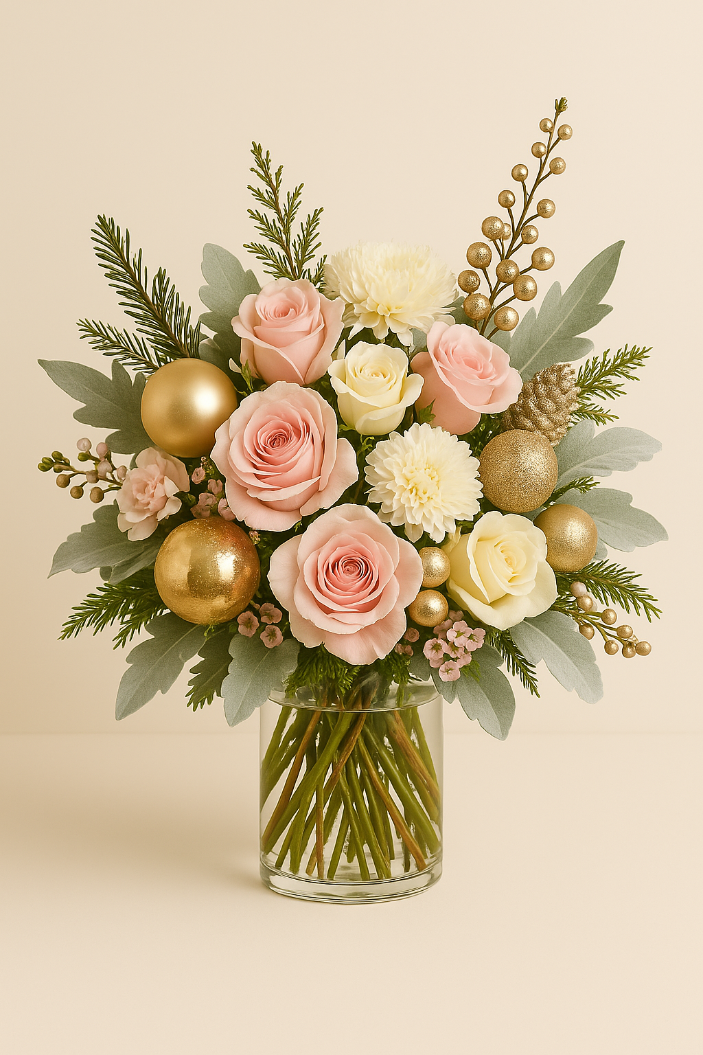 Pink white and gold Christamas Holiday Centerpeices floral arrangements.png