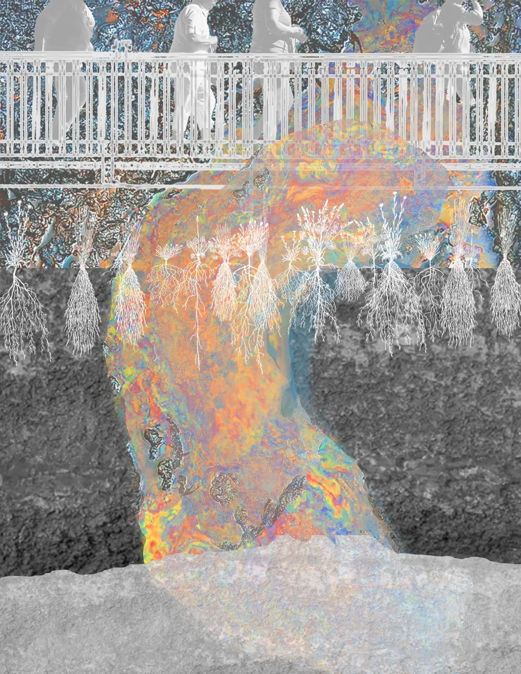 People walking on a bridge above a large, colorful natural rock formation with lines of white, detailed trees or roots extending downward from the bridge level.