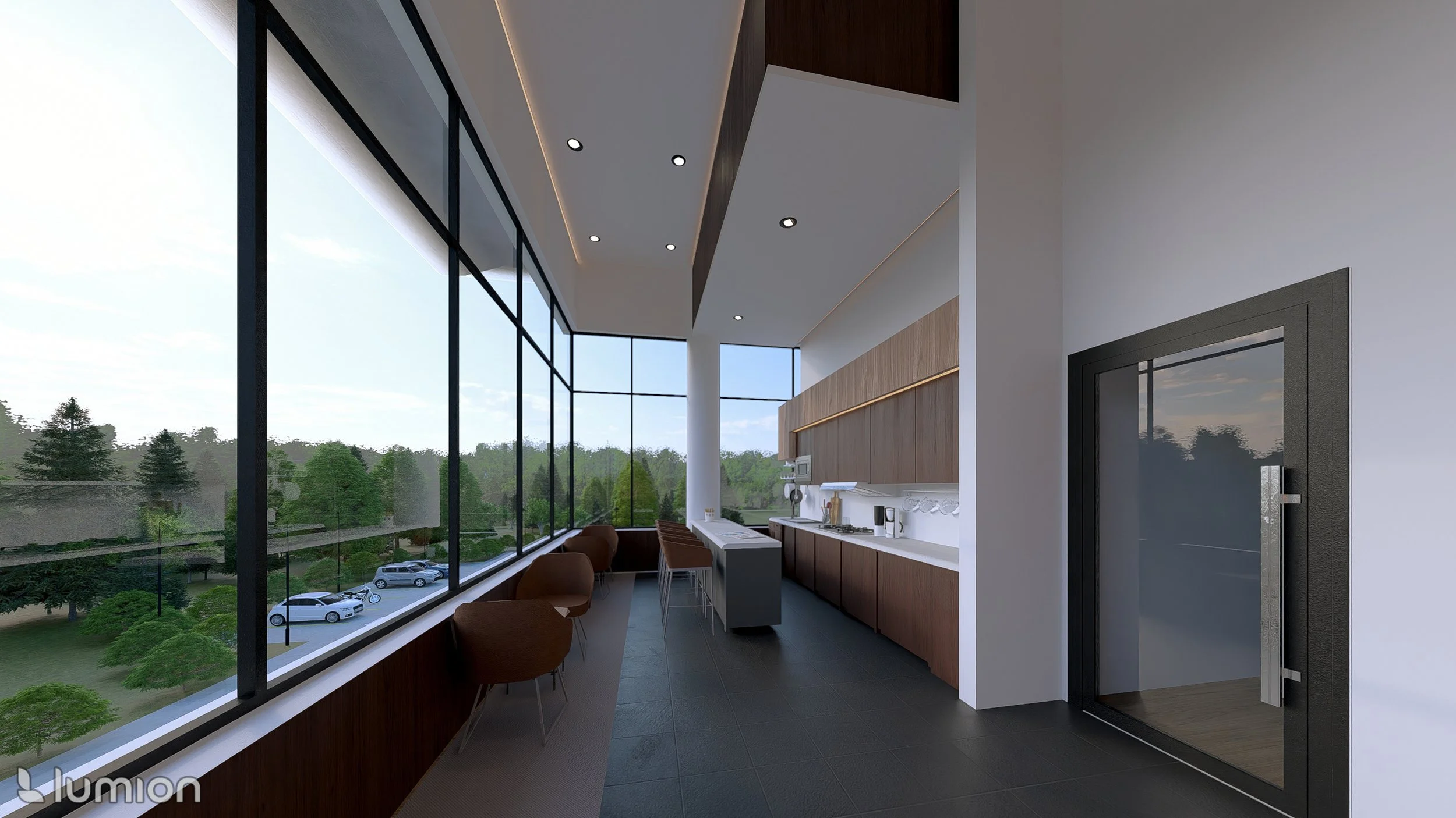 Modern indoor kitchen with large corner windows, dark floor tiles, wooden cabinetry, white countertops, and minimal lighting.