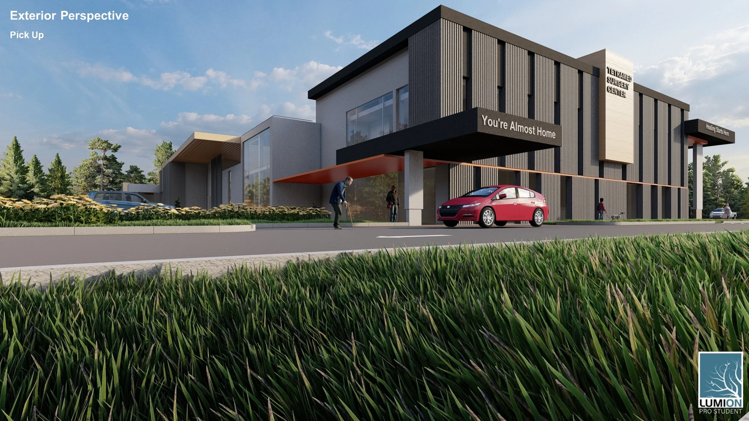 Rendering of a modern medical building labeled 'Ultrasound Surgery Center' with signs that say 'You're Almost Home' and 'Healing Happens Here.' A man with a cane, a woman, and a child are outside, and there are cars parked nearby, with green trees an