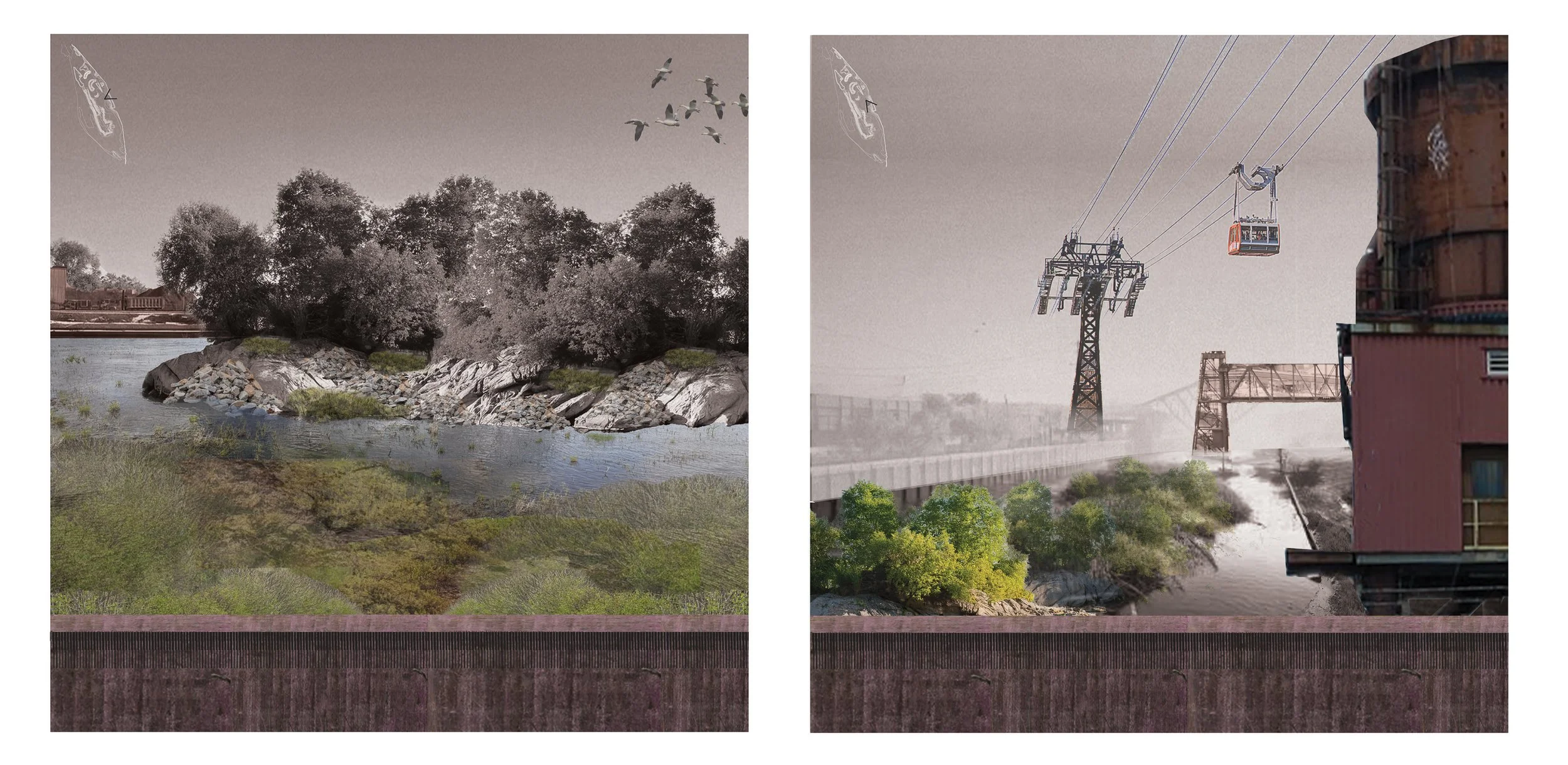 Digital collage split into two scenes: the left shows trees, rocks, and water with a bird flying above; the right depicts a cityscape with a cable car, industrial structures, and water.
