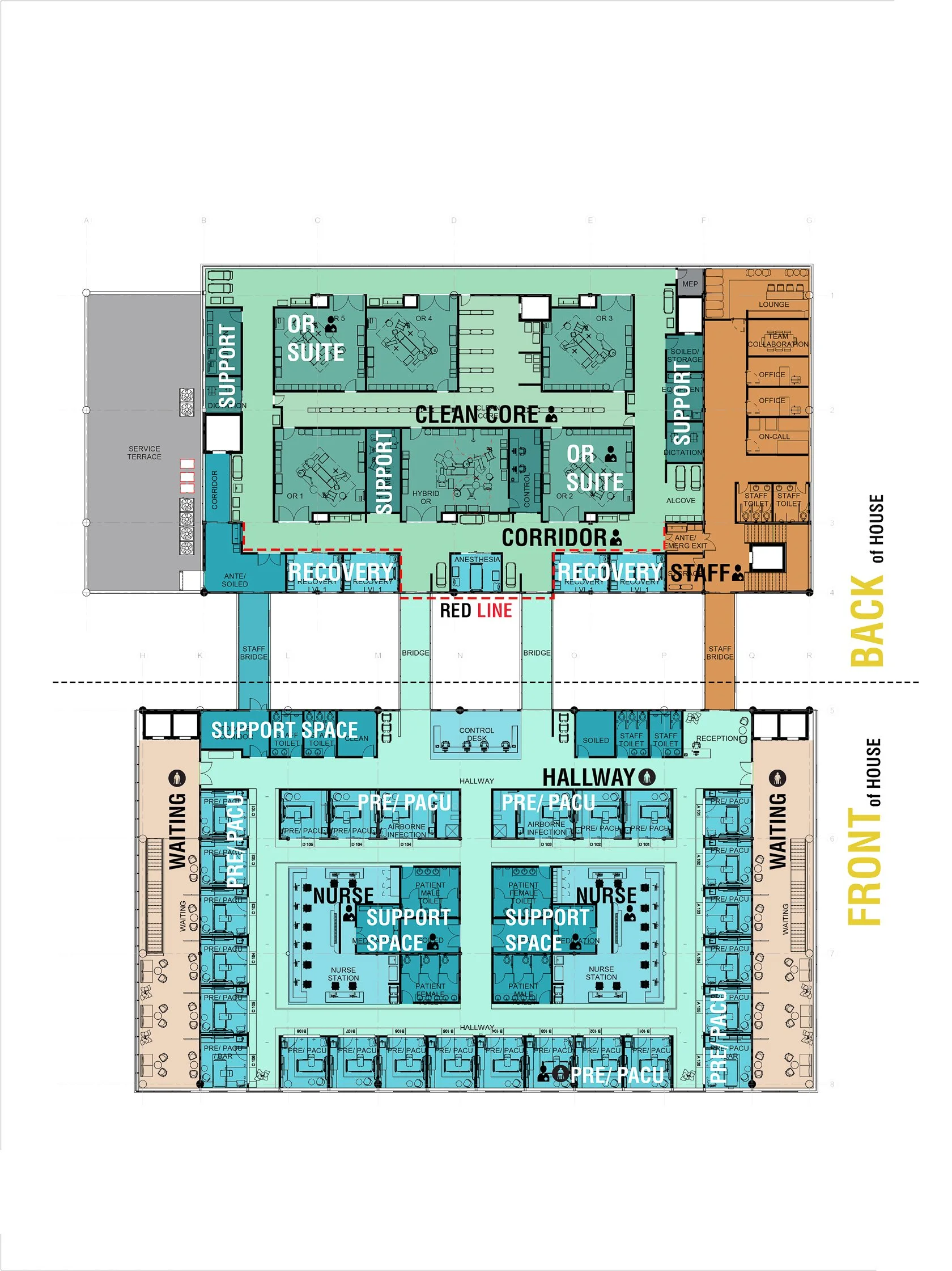 Hospital floor plan showing front and back sections, including patient rooms, support spaces, nurse stations, and recovery areas with clear labels.