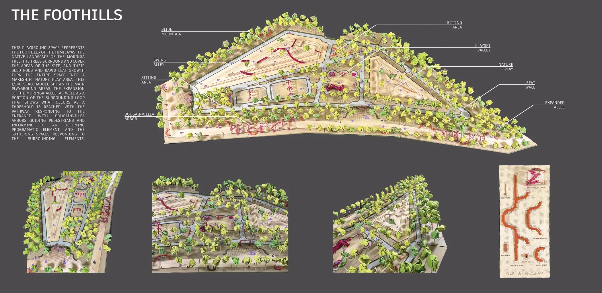 A detailed illustrated plan of a playground called The Foothills, featuring various areas such as sliding mountain, sitting area, swing alley, playset valley, nature play, seat wall, expanded alley, Bougainvillea arboretum, and surrounding walking pa