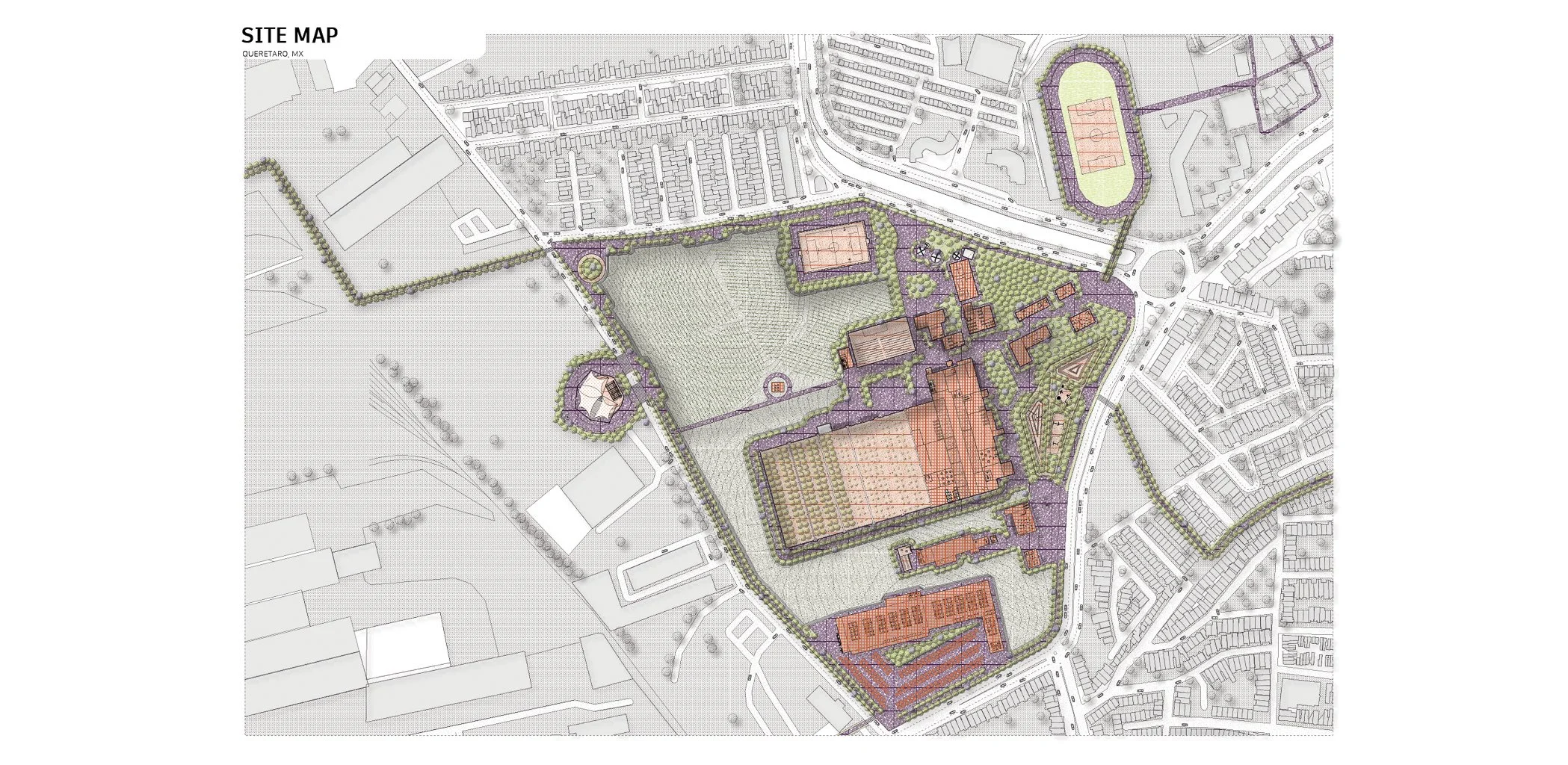 Site map of an urban development project in Querétaro, Mexico, showing various buildings, green spaces, sports fields, and surrounding neighborhoods with roads.