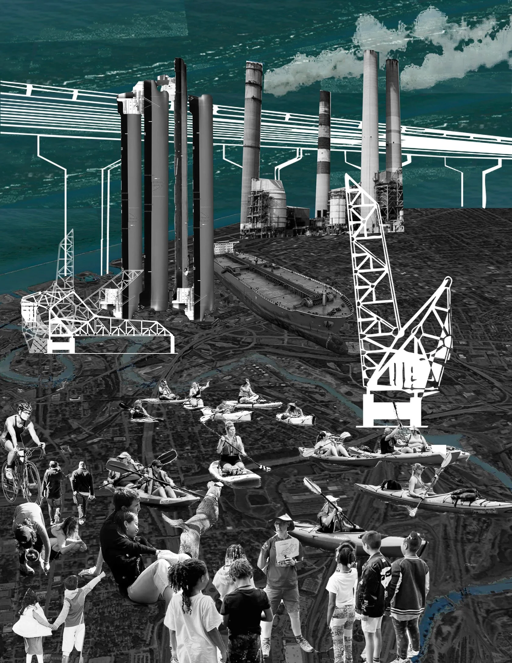 A digitally manipulated collage depicting industrial factories with smokestacks, oil rigs, and a cargo ship, combined with a group of people engaging in outdoor activities like kayaking, cycling, and playing, set over a map or aerial view of a city w