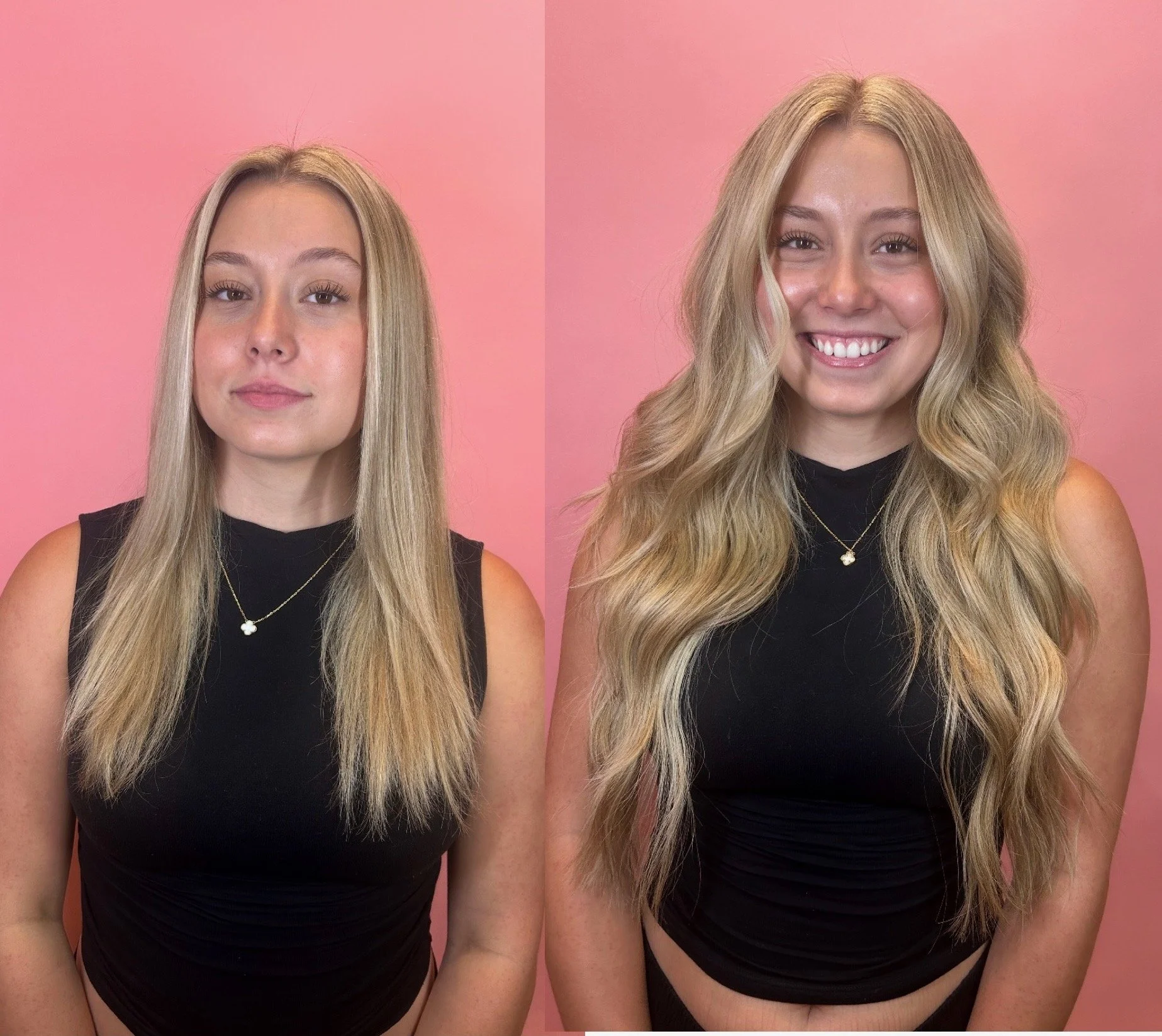 Side-by-side photos of a young woman with long blonde hair, one without makeup and the other with makeup, both wearing a black sleeveless top and a gold necklace, against a pink background.