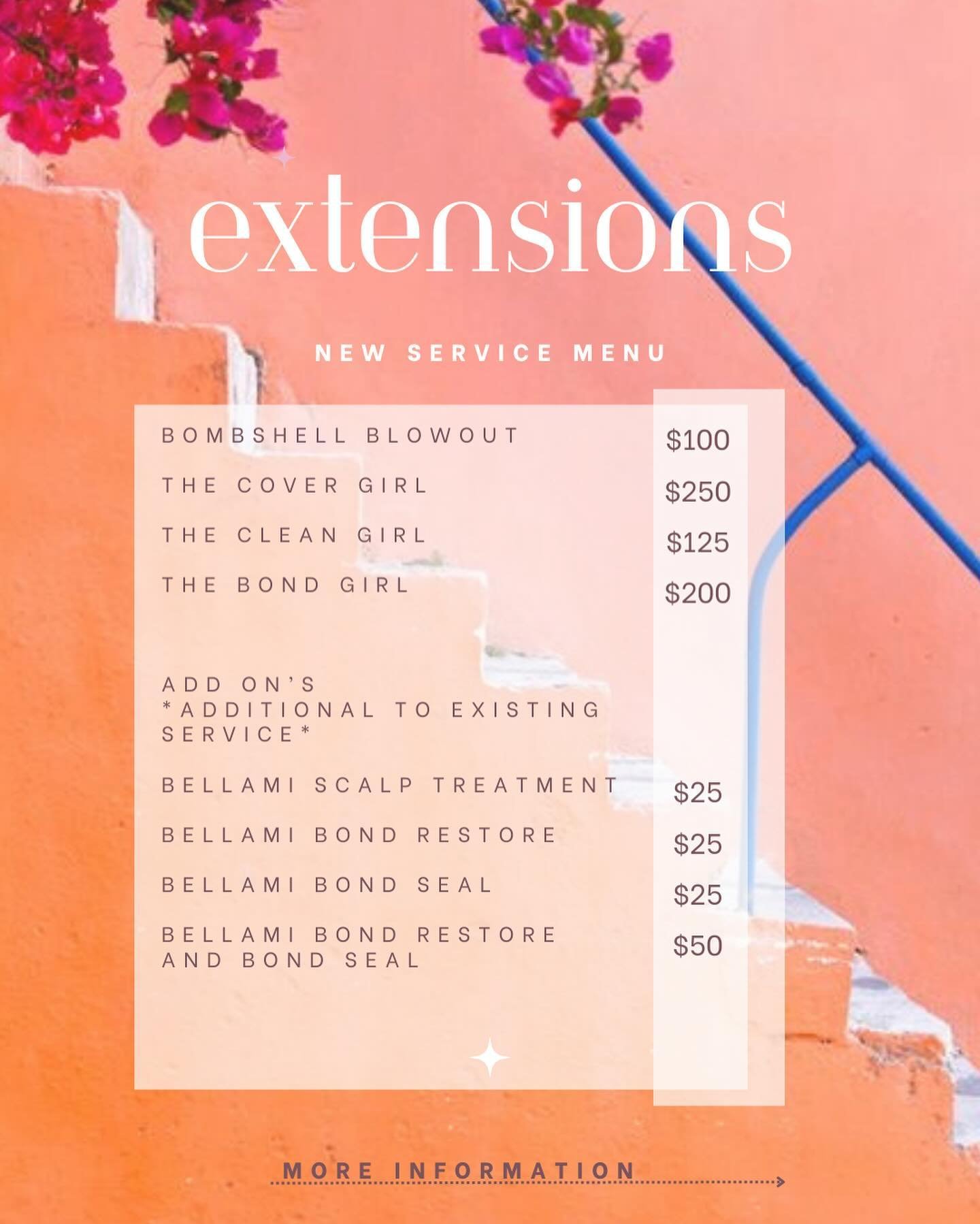 New Extension menu is here ! I am so excited to be offering new services for my extension clients. Any questions regarding these additional services please message me 💕 

#bellami #bellamiextensions #professionalhairstylist #newservices #bellamipro 