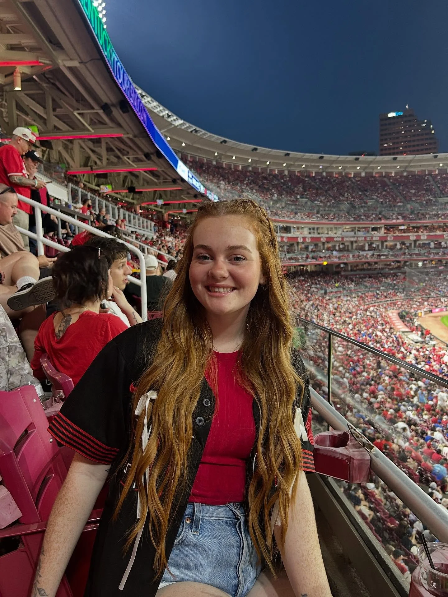@chachas_salon took on the reds game:) ( swipe to the end to see @morganswitzhair throwing skills)