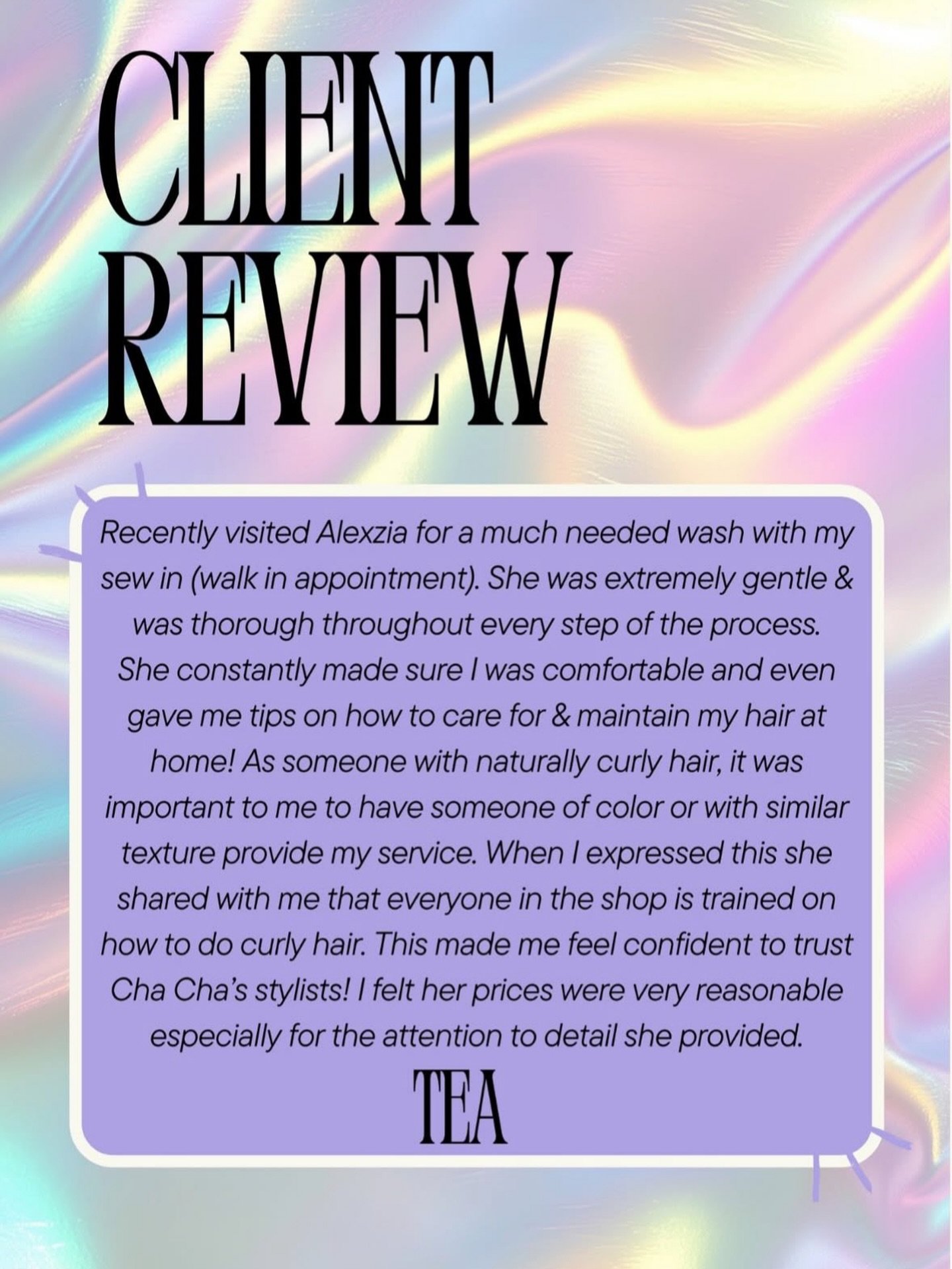 I love hearing how great people feel in my chair! Leaving a Google review is a perfect way to support me as I continue with my apprenticeship and build my book. Every review is greatly appreciated 💕 
Feel free to leave yours on the Cha Cha&rsquo;s w