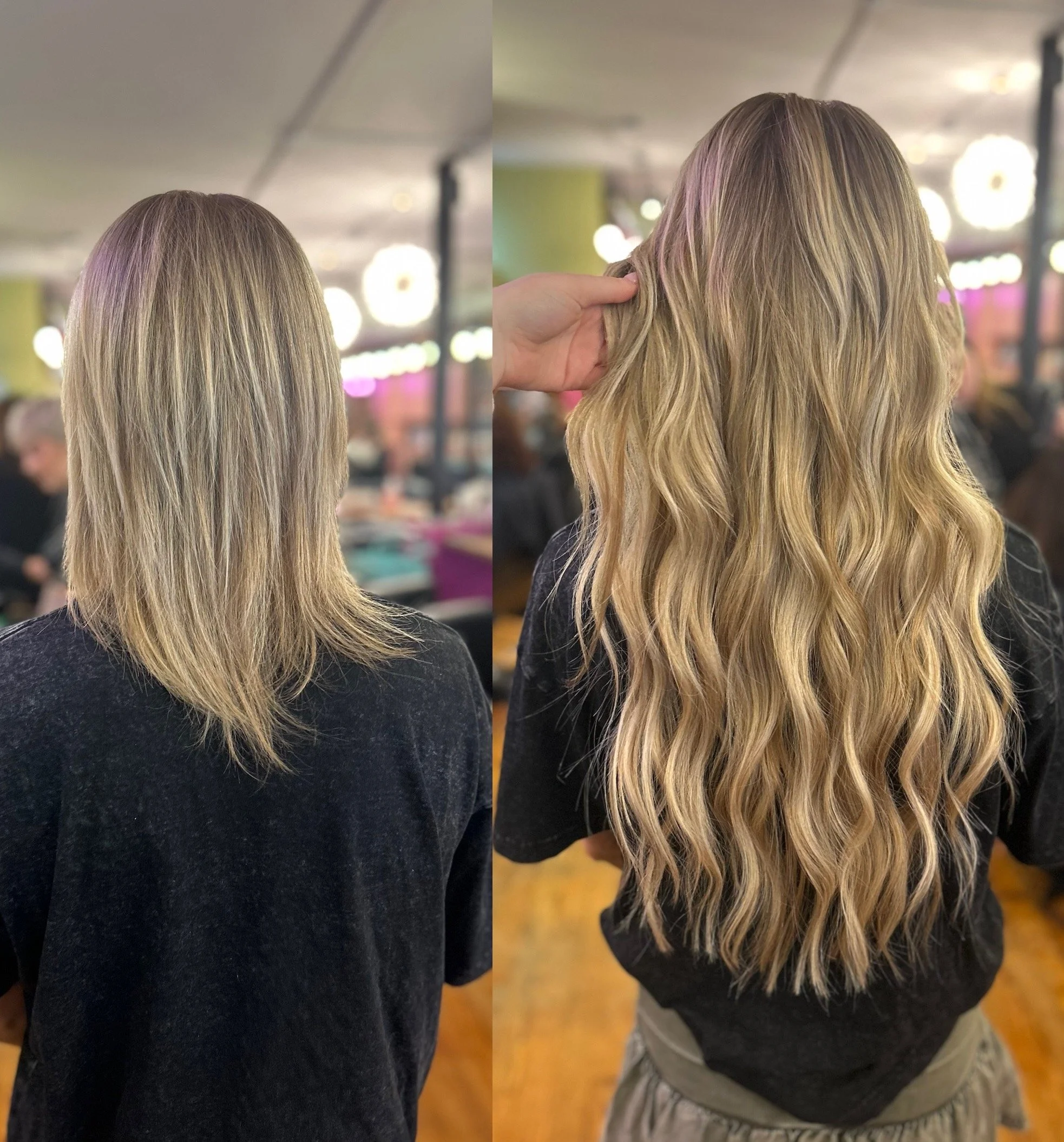 Before and after photos of a woman's hair showing a hair extension transformation at Cha Cha's